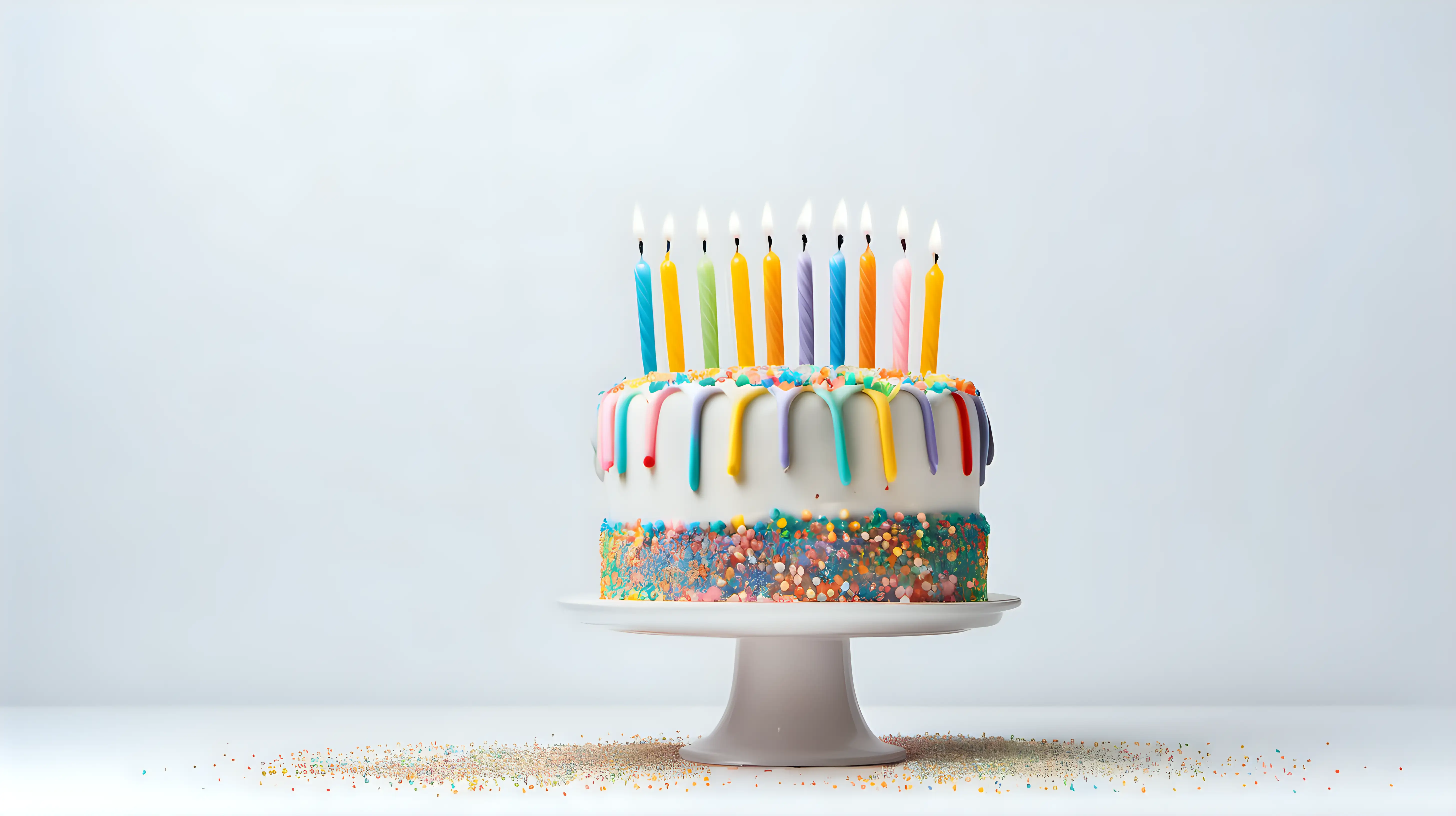 Birthday cake decorated with colorful pastel sprinkles and ten candles, balloon party, clear text space, white background, soft light