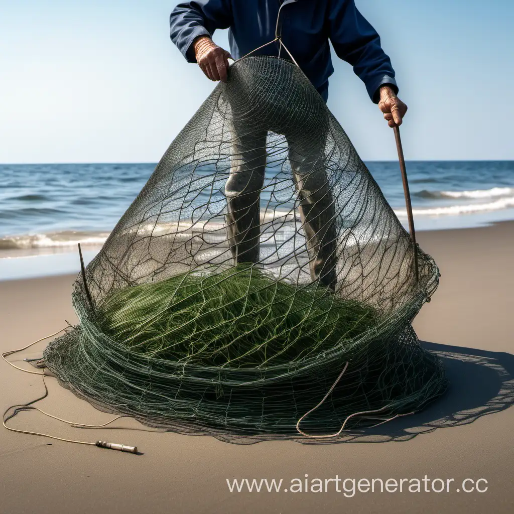 Experienced-Fisher-Harvesting-Sea-Grass-with-Large-Mesh-Strainer