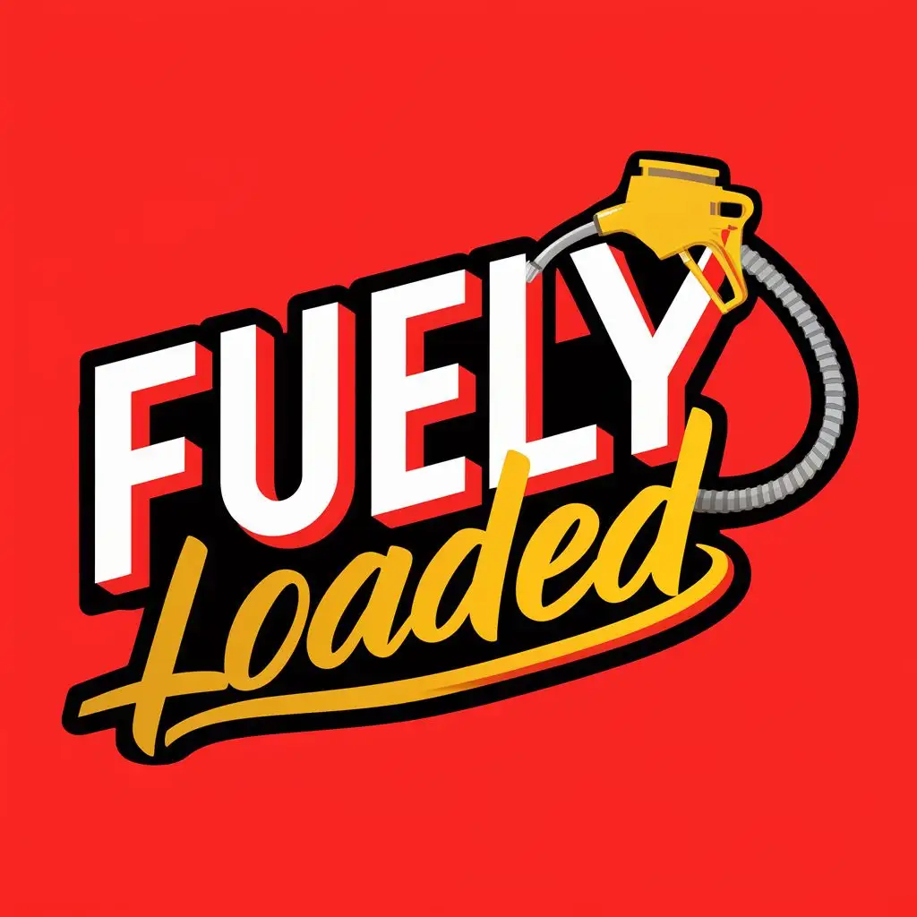 logo, Hose spelling Fuely 
Fuel Pump Nozzle, with the text ""Fuely Loaded"", typography
