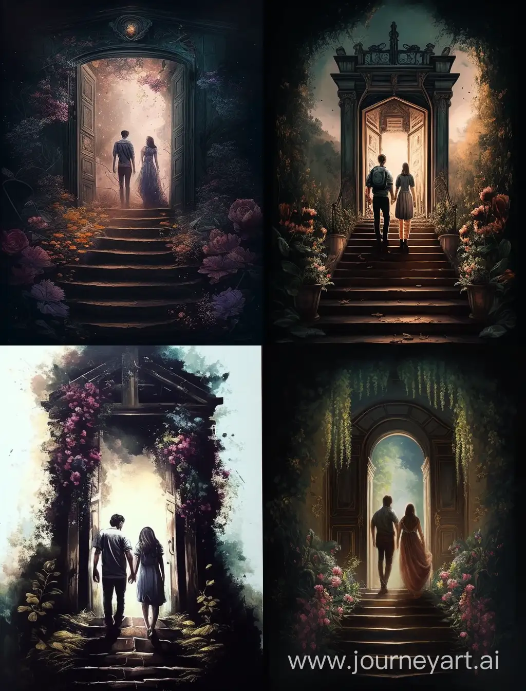 A woman and a man hold hands and walk up the stairs that lead up to the top. There is a door at the top. The surrounding area was decorated with flowers and light streamed through the door.