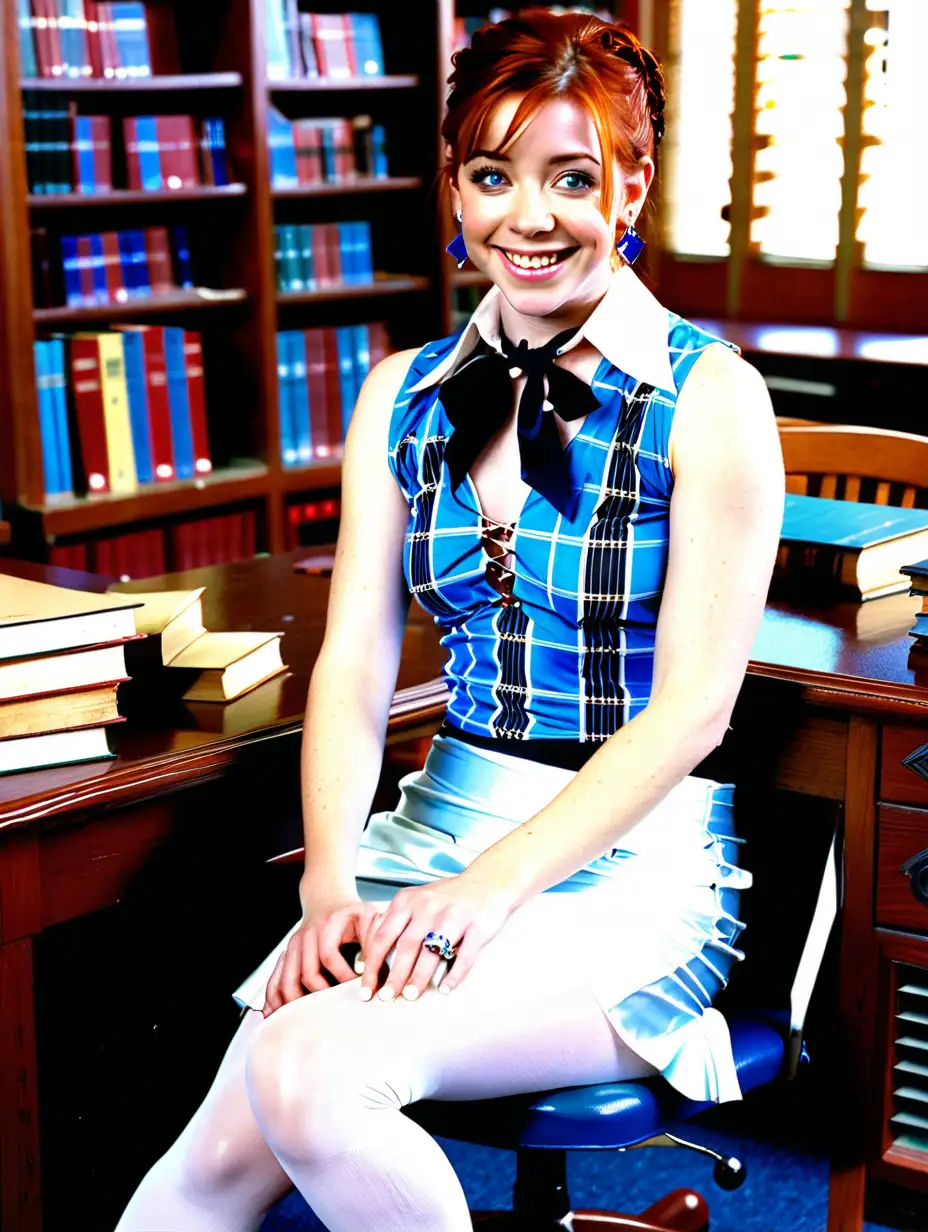  18 year old Alyson Hannigan,  light red hair, eager look, beautiful smile, 

Sitting at a desk in Sunnydale school library, She has one leg crossed over the other, 

wearing a sapphire necklace, saphire earrings, 
with a blue and white silk bolo-tie,
Wearing a skimpy sleeveless lowcut white silk croptop with big cleavage visible,, a hitched up plaid sky-blue pencil-skirt, white tights, white silk tanga, black leather boots with buckles, 