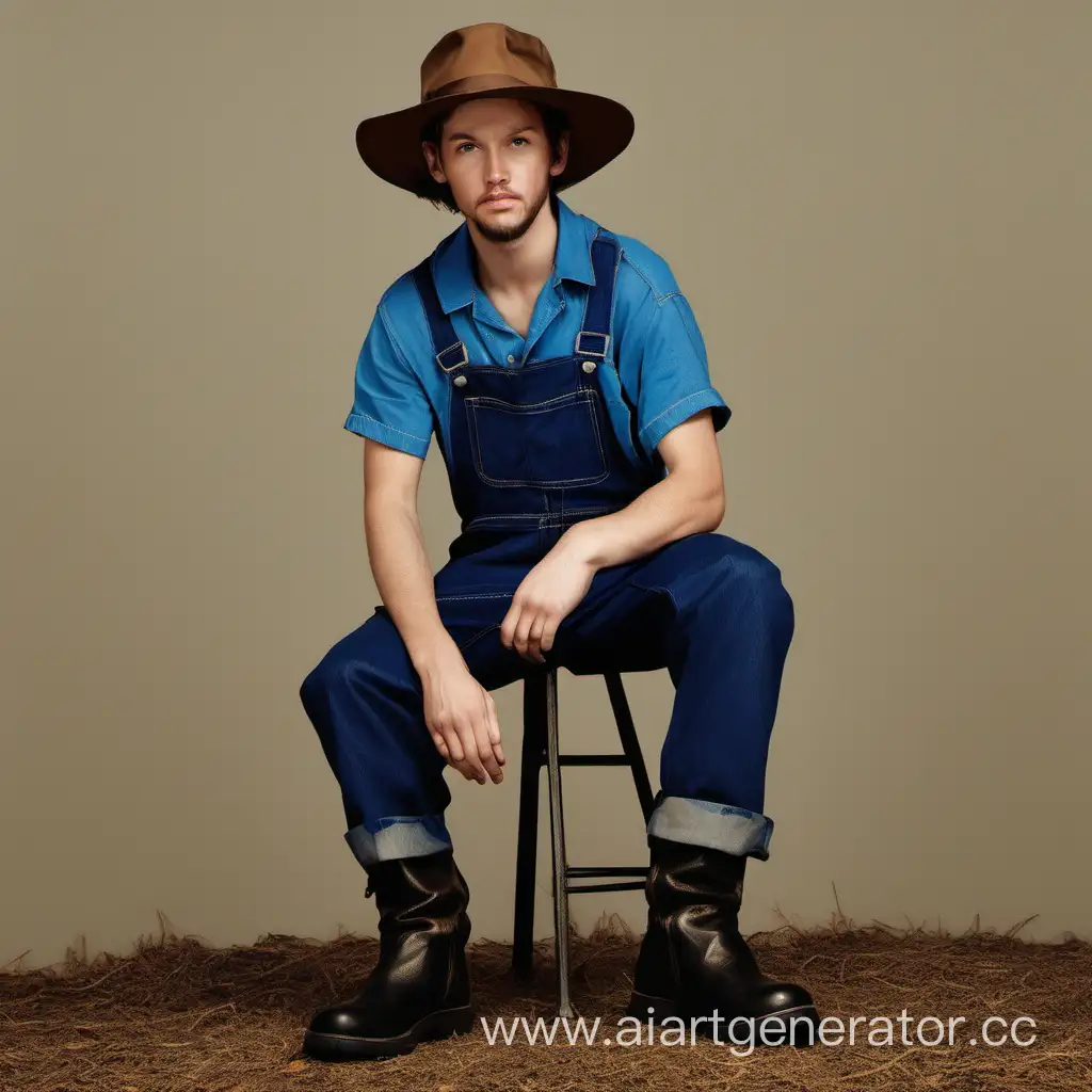 he is wearing blue overalls, black boots, brown short sleeved shirt and brown hat