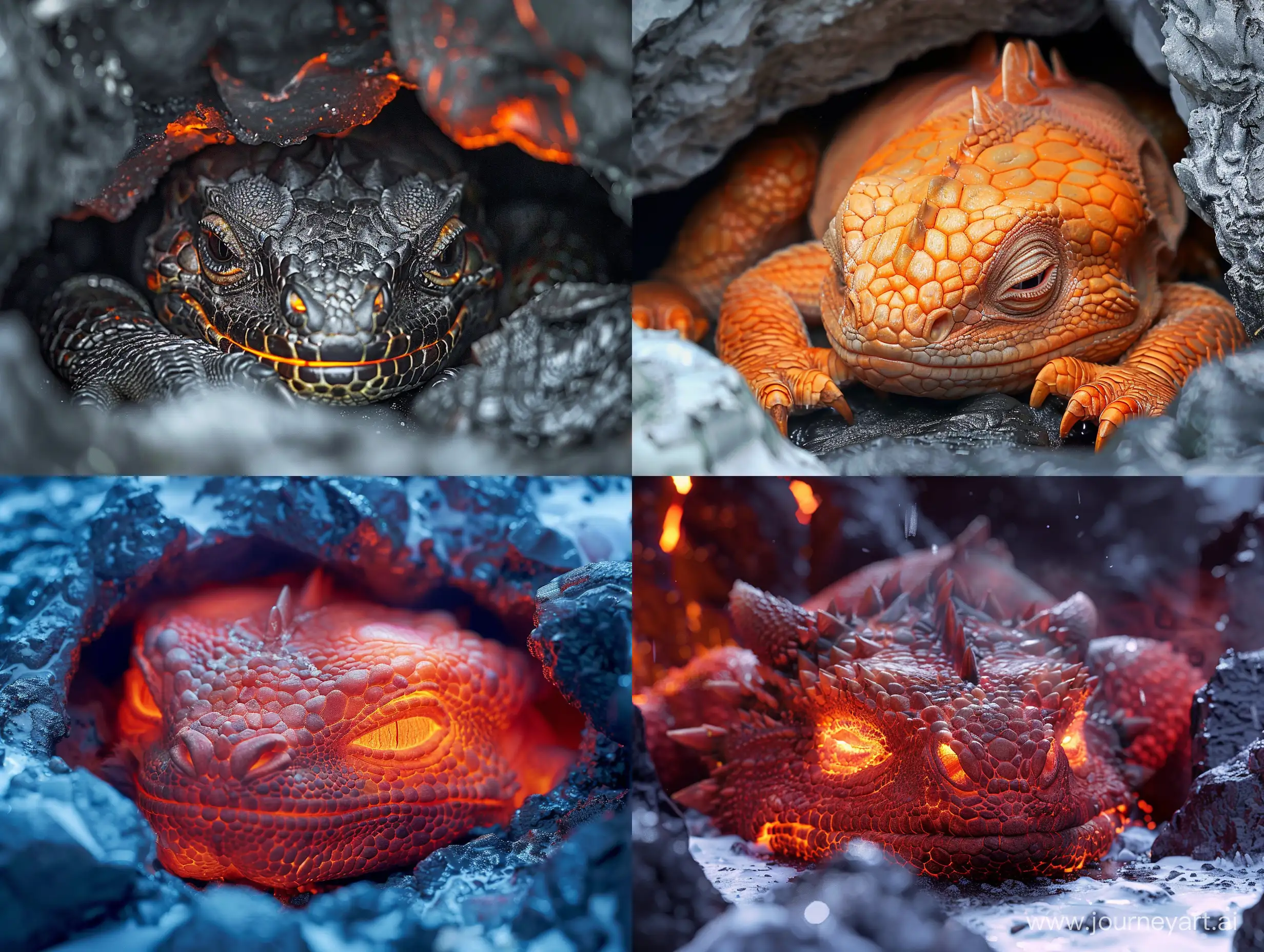 Close look of the face of cute molten baby dragon sleeping inside glacial lava cave 
