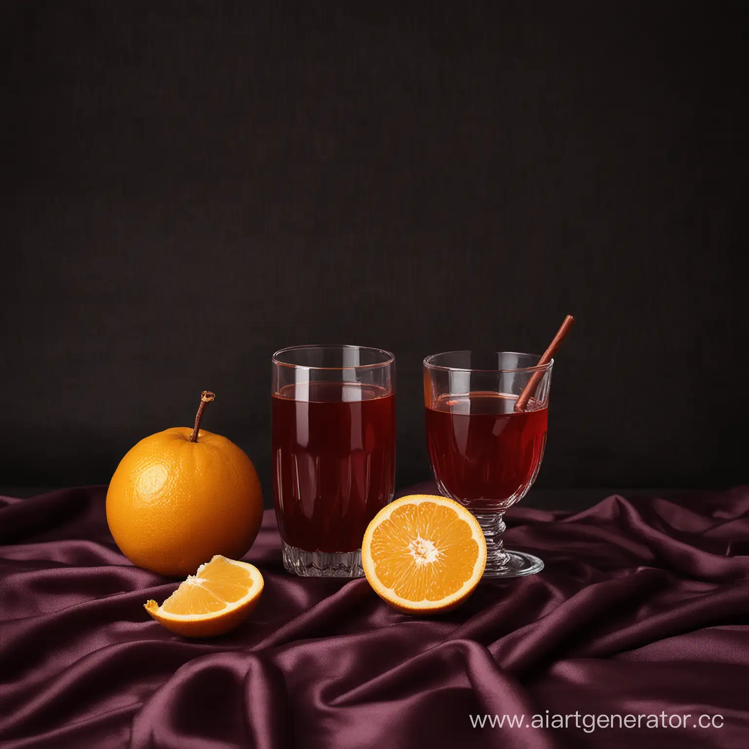 akebi-fruit with juice classic glass on dark maroon silk cloth background