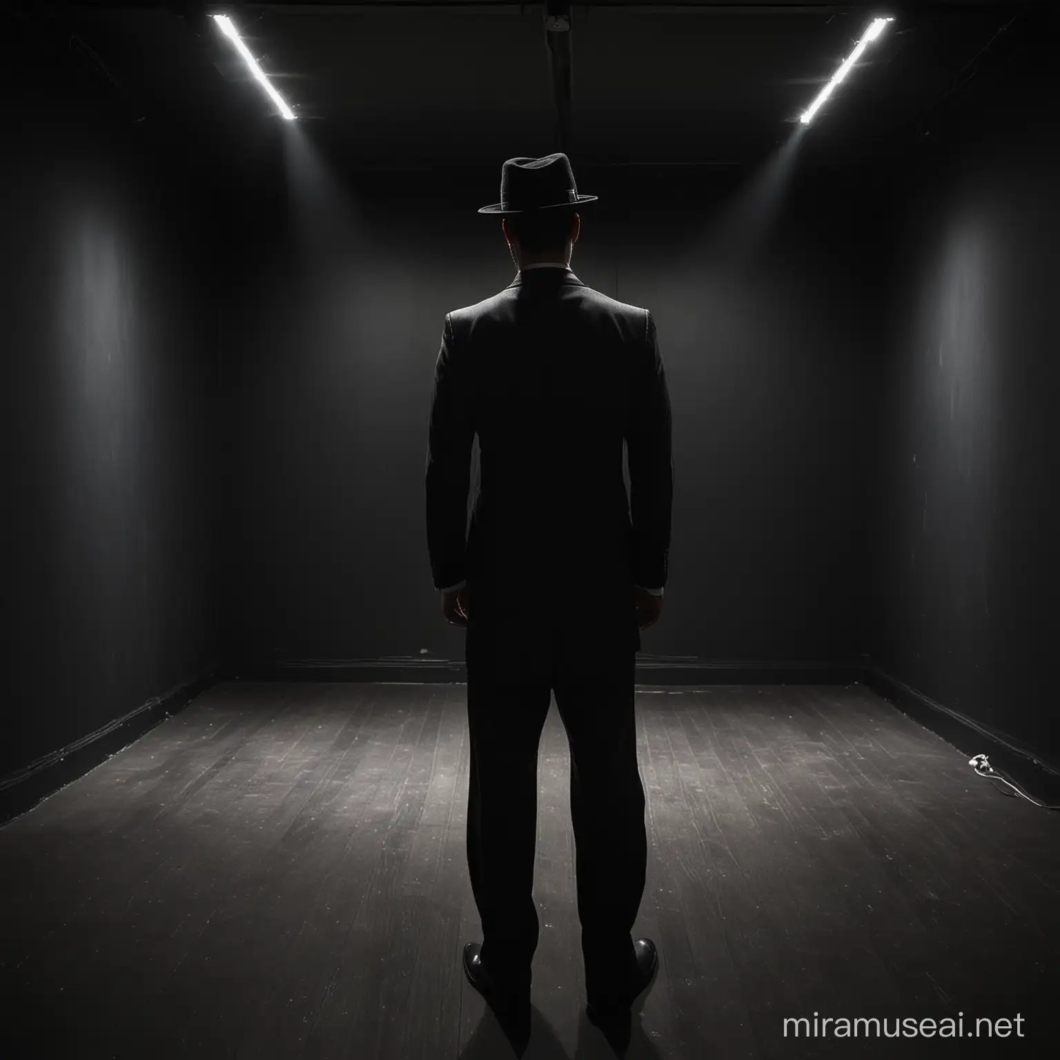 Mysterious Man in Elegant Black Suit in Dimly Lit Room