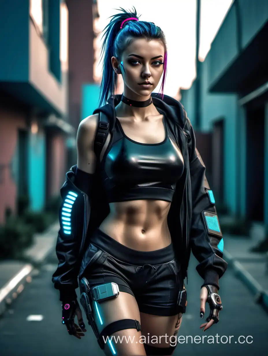 Sporty-Cyberpunk-Girl-Strolling-Through-Urban-Landscape