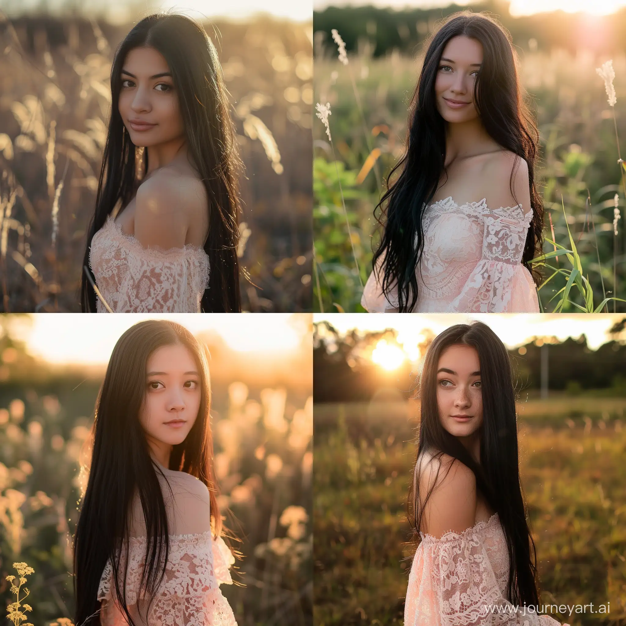 Girl with long black hair in a light pink lace off-shoulder dress during golden hour aesthetic profile picture