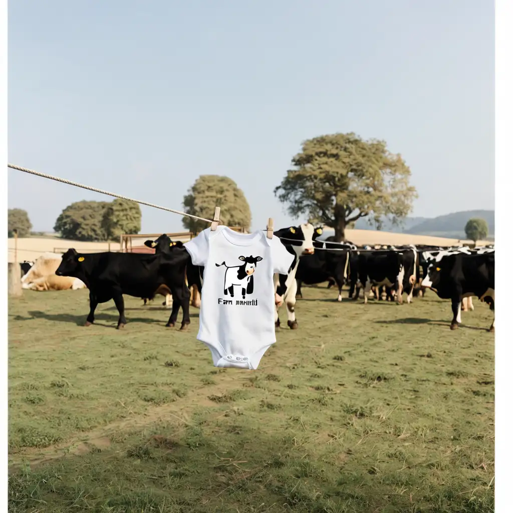 Baby onesie pegged on a line, cows and farm animals in the background, neutral colours