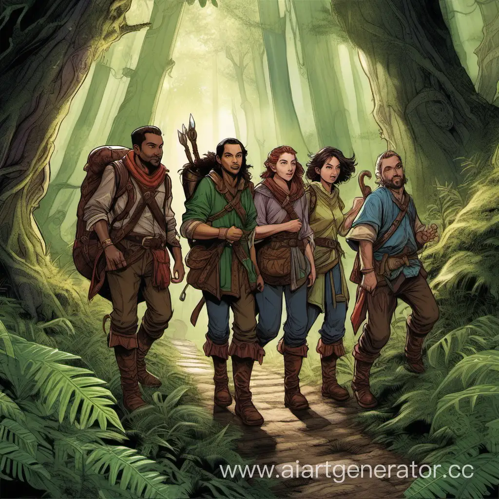 D&D art where a group of adventurers is on a journey in the forest