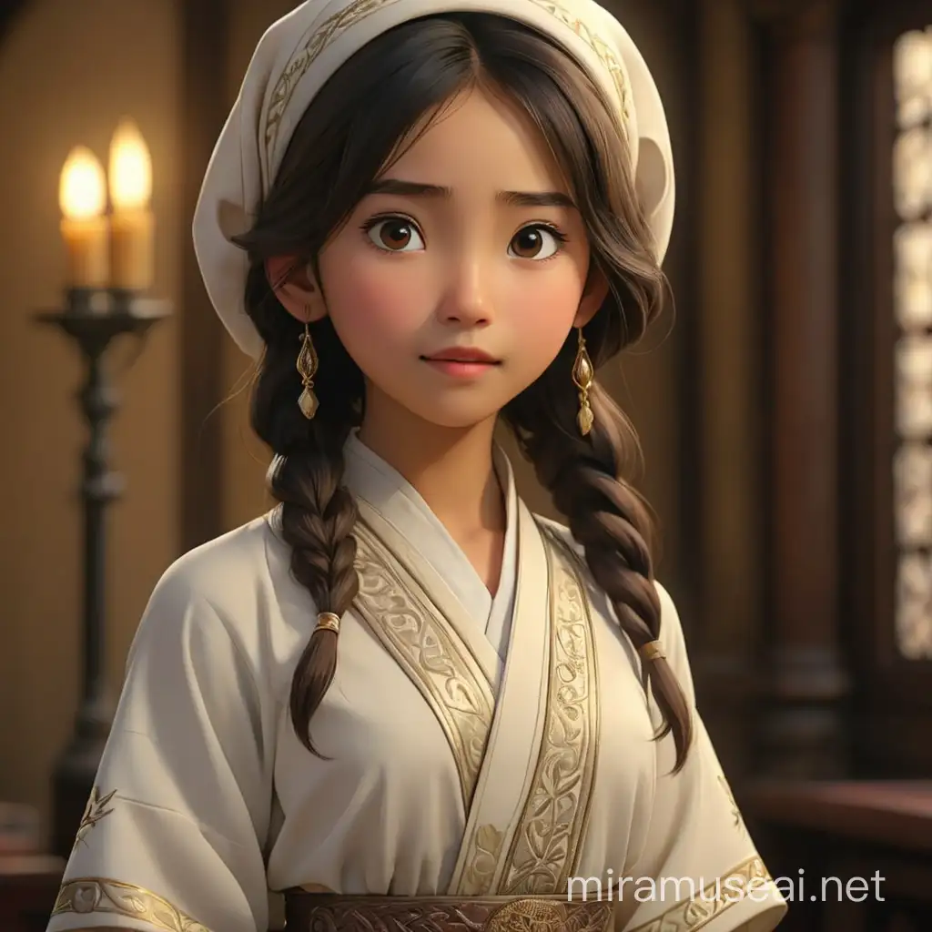 Asian girl dressed in traditional Jewish clothing. Her face expresses wonder. We see Her in full growth.  In the style of realism, 3D animation