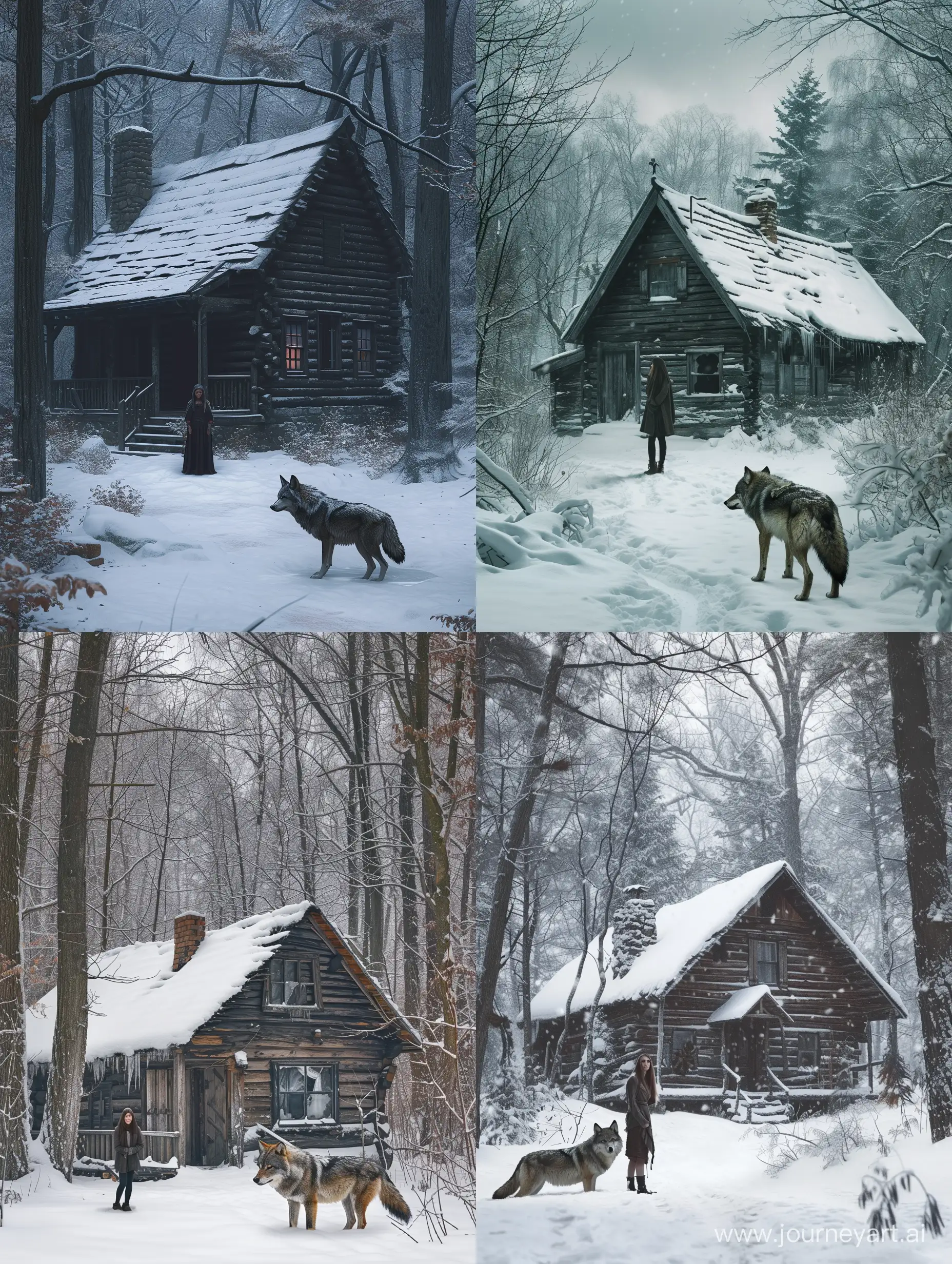 A desolate cabin in the woods, surrounded by snow, a woman standing in front of the cabin and a wolf beside her, looking at the viewer, the ritual, saturated, taken on provia