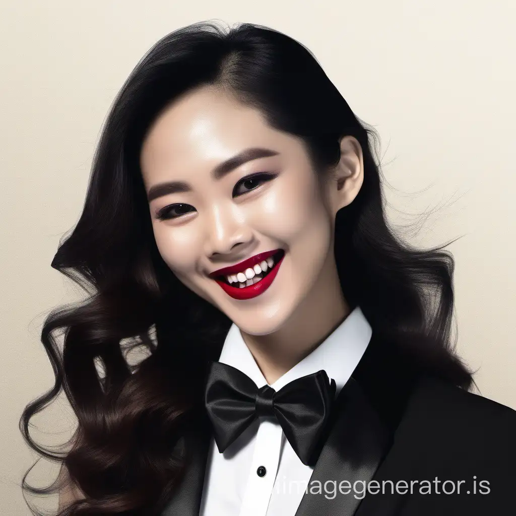 smiling and laughing Vietnamese woman with long hair and lipstick wearing a tuxedo with a black bow tie