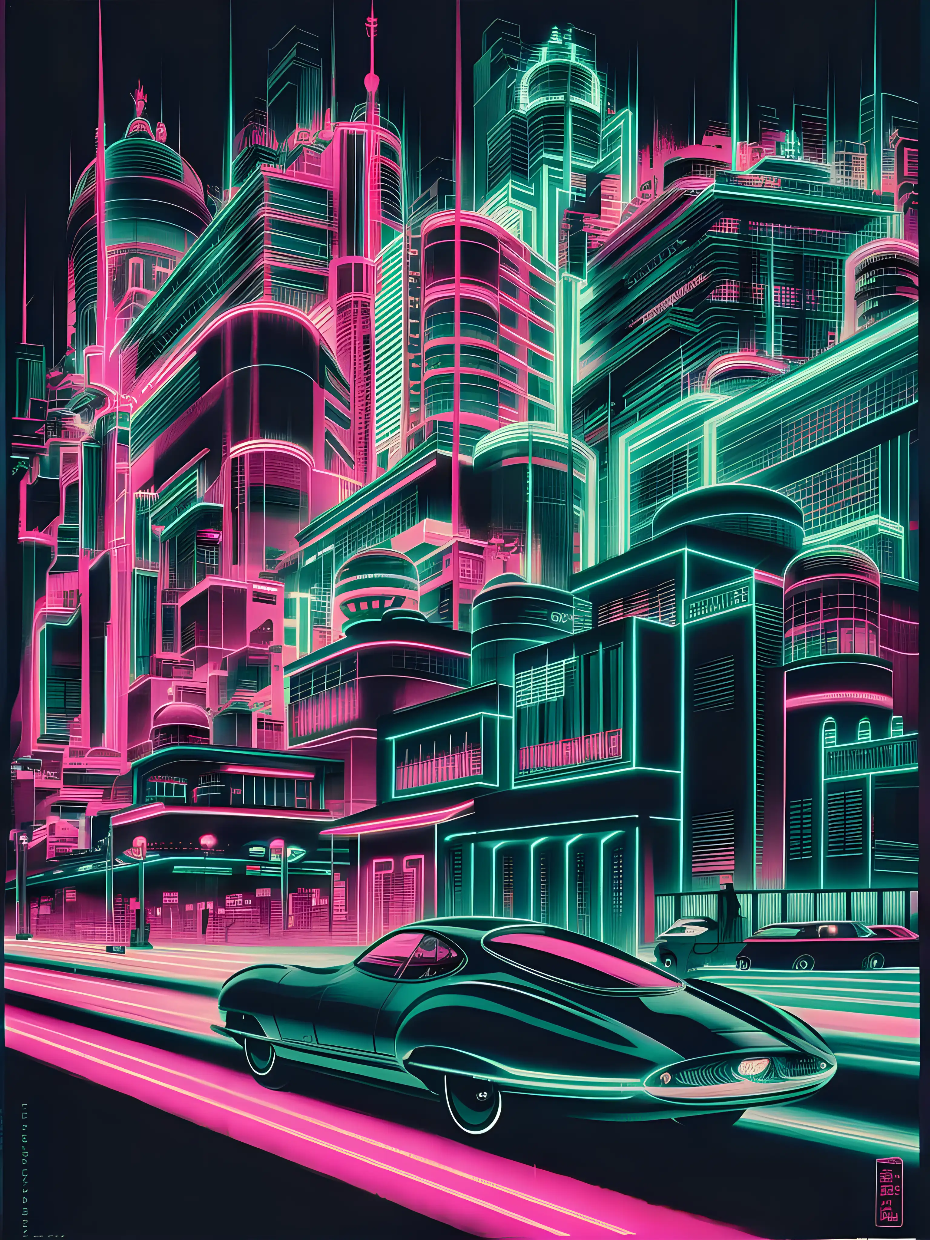old Japanese poster of a neon city 
