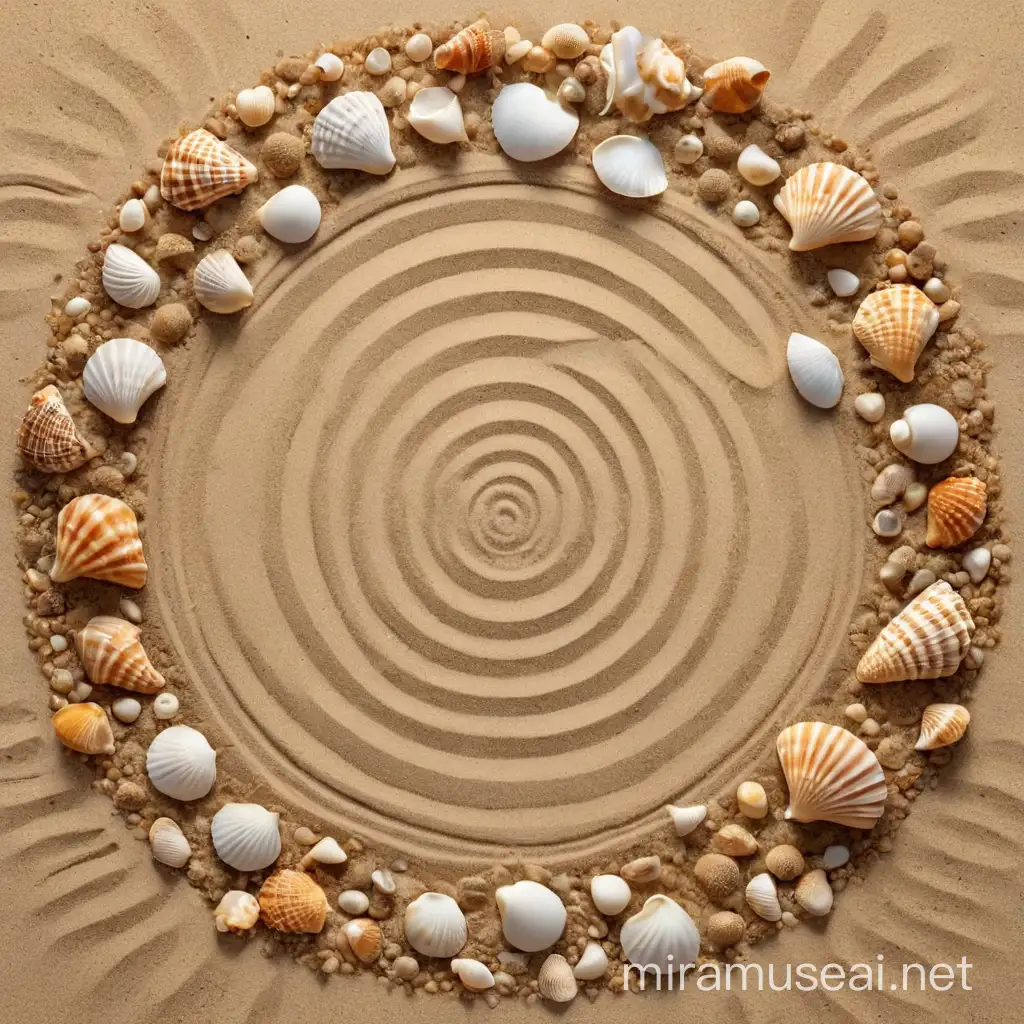 Circular Seashells and Sand Art Oceanic Graphics Composition