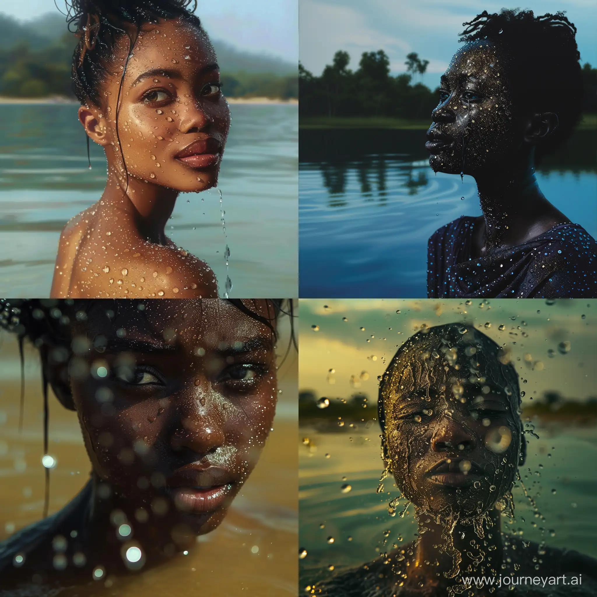 Art African woman with water droplets on her face, and shoulders in a lake.