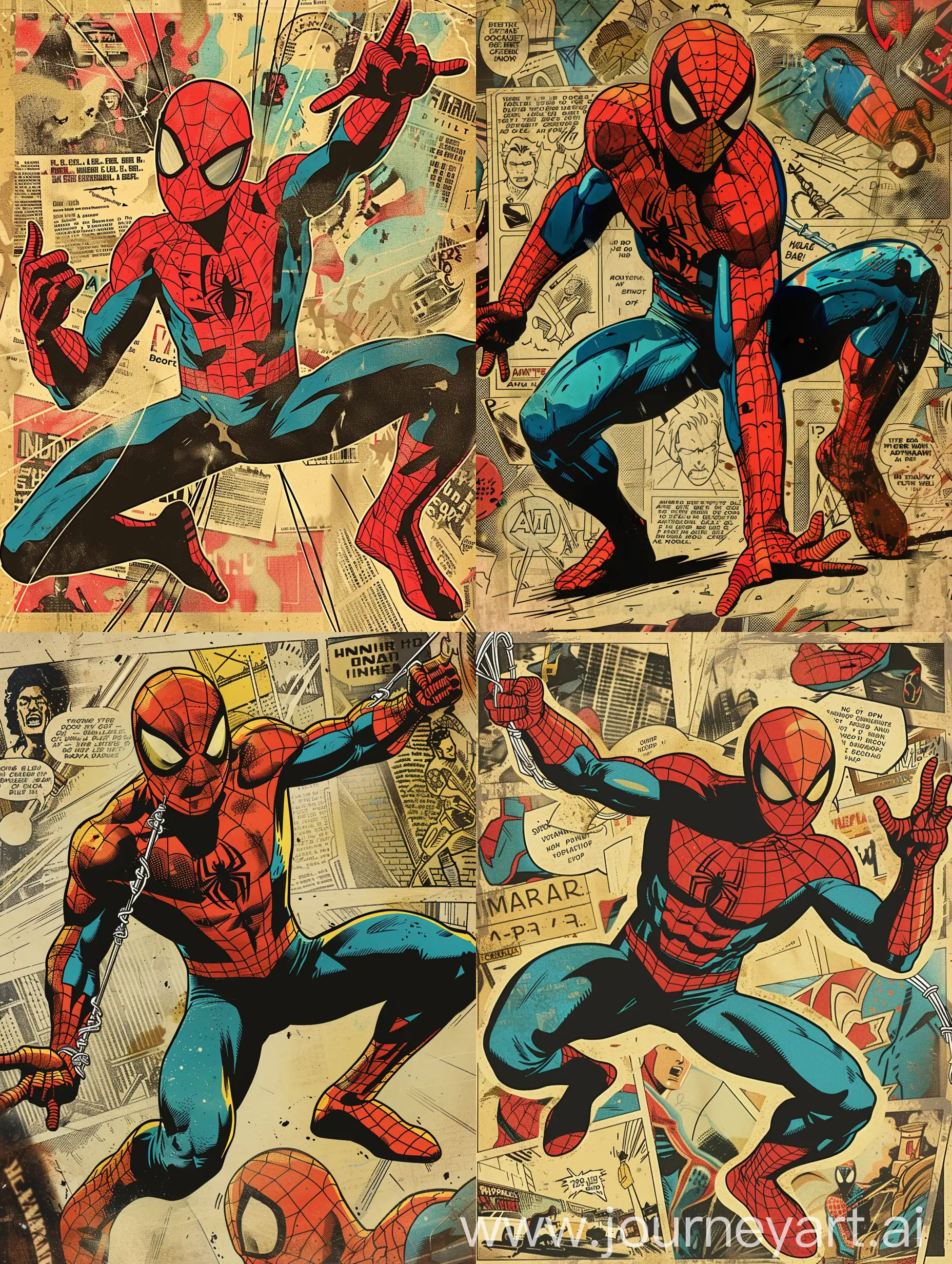 Generate an engaging mobile wallpaper by illustrating Spider-Man in a classic comic book style. Highlight his iconic red and blue costume, dynamic pose, and feature a comic strip-like background with action lines and speech bubbles. The artwork should be vibrant, detailed, and instantly recognizable for fans of the friendly neighborhood superhero.