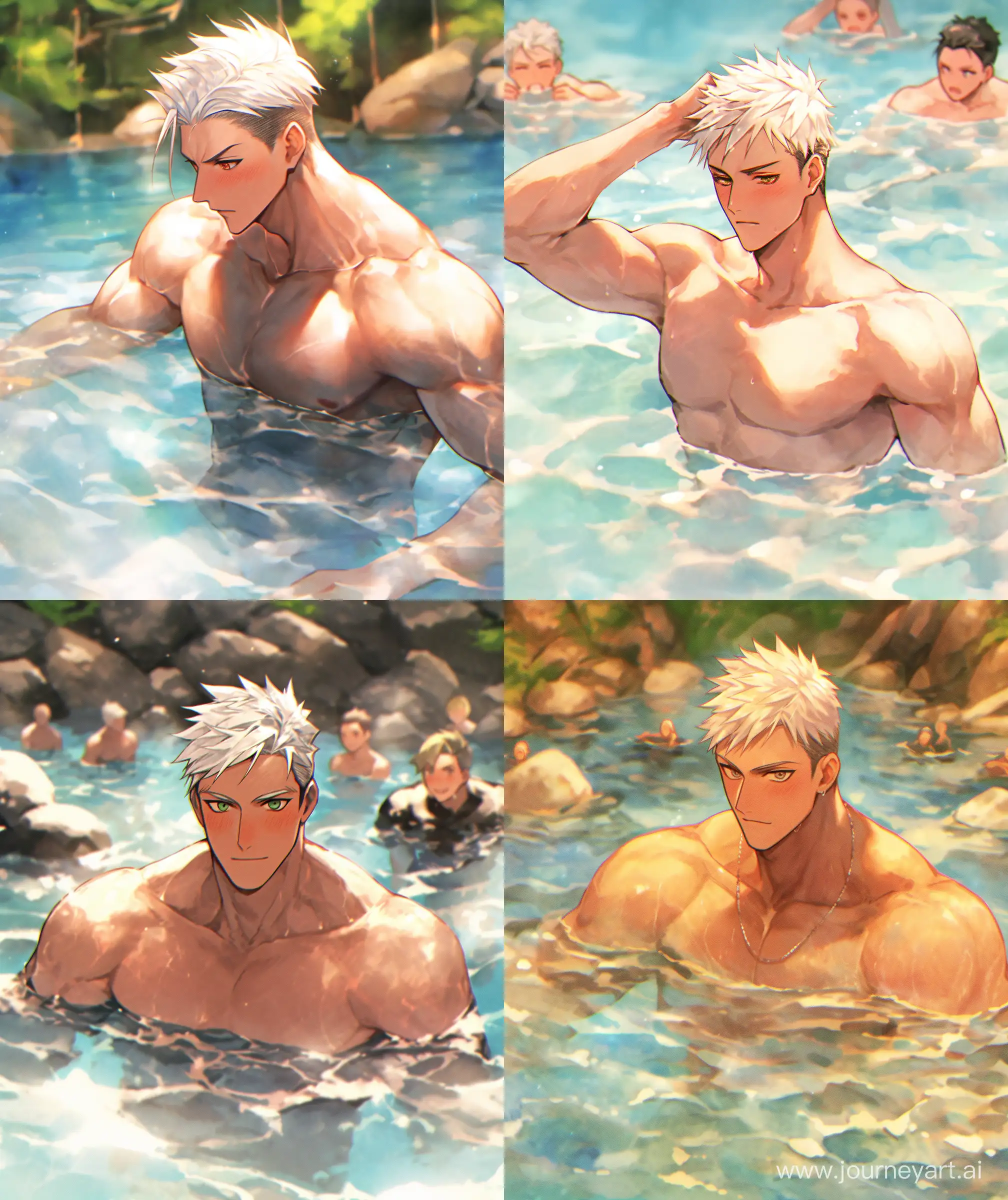 White hair boy dipping on water, upper body showing, handsome, playfull, hot spring , handsome, semirealistic , --niji 5 --ar 27:32