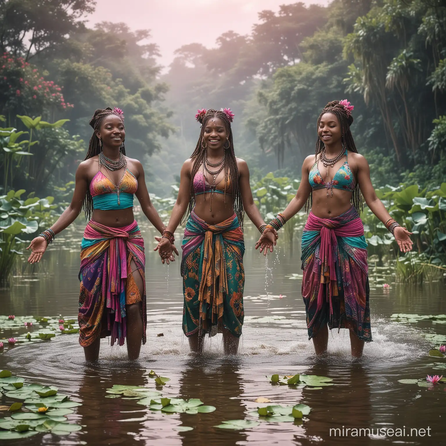aqua percussion,  3 women squatting up to their hips inside high water, river in cameroon, they are beating on the water surface with their bare hands,  water is splashing,  performing in dynamic and active position, asymmetric, looking to different directions,  they are slim and extra tall, long dreadlocks, realistic, smiling inside, open hair style, modern large and thick design turquoise and magenta, fingers are in realistic position, position of the hands are hyperrealistic, necklace and wristbands beads, colorfully abundant, traditional dresses with lotus and african pattern, several layers, all colours, turquoise, purple, green, white, yellow, hip hop style, benares court scenario and river ghats water lilies, colorful, psychedelic, hyperrealistic, pastel colors on walls wearing off, background blurred, colorful dresses, lotus and water lilies, sunrise, background psychedelic, hyperrealistic
