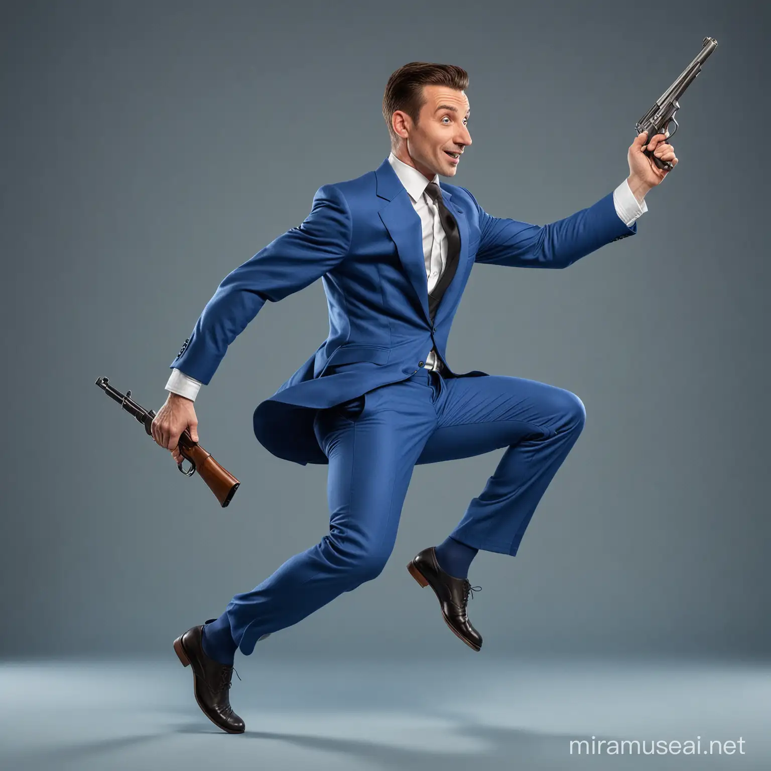 A caricature man full body wearing a blue suit holds a gun between his legs from behind while leaning back in an acrobatic move
. He appears to be posing for a photo, adding an element of elegance to his pose.