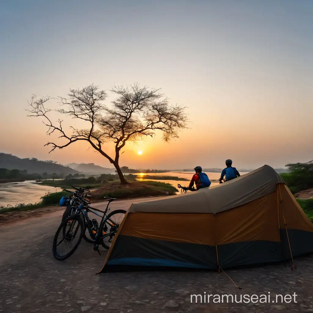 [An updated design featuring a scenic landscape with rugged mountains, winding rivers, and a vibrant sunset sky. Tents are arranged near the riverbank, while cyclists embark on a long-distance ride along a winding road. Text overlay reads: "Adventure Awaits! Outdoor Campsite near Hyderabad - Just 120km Away! Calling all Adventure Enthusiasts: Bike Riders, Kayakers, Birdwatchers, and Long-Distance Cyclists Welcome!"]
