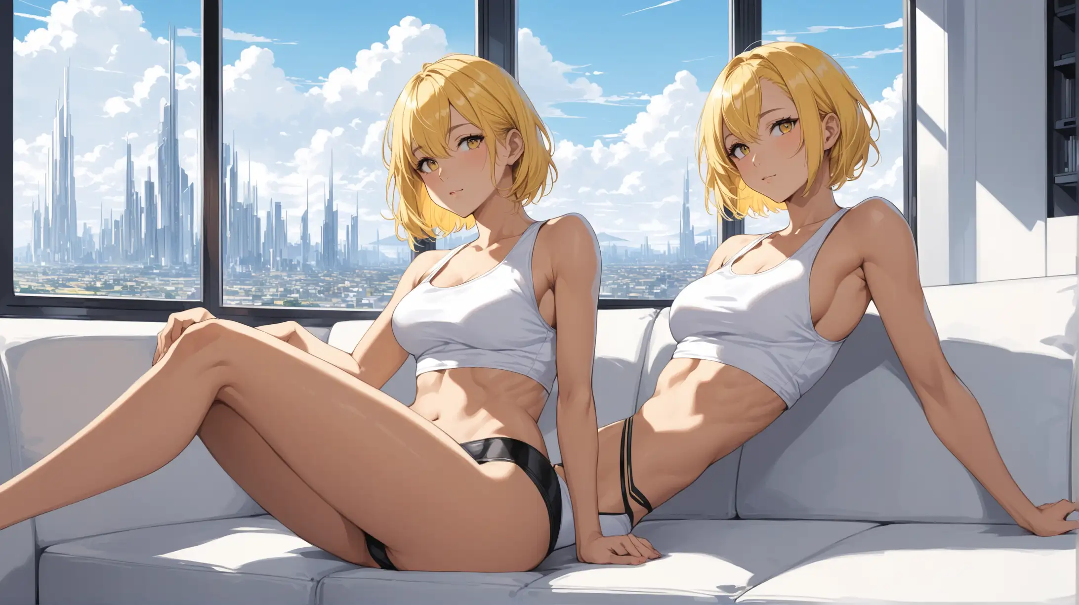 sexy fit 24 year old hero girl, short chin length yellow hair, reclining on couch in futuristic apartment, wearing short white tank top, black panties, toned body, sexy midriff, blue sky and futuristic town in background through window, yellow black white 3 color minimal design