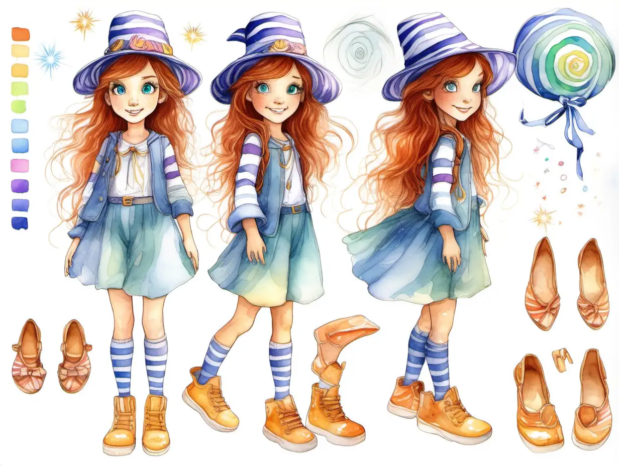 very detailed character sheet white background Lila Luise She has long, chestnut brown hair that flows freely, often seen dancing in the breeze. Her eyes are a striking shade of blue, reminiscent of a clear summer sky.
Clothing: Lila wears a whimsical hat striped with vibrant colors, like a rainbow. Her outfit is playful and colorful, suitable for an adventurous young girl. She sports a pair of shoes that sparkle as if they were sprinkled with stardust, adding a magical touch.
Expression: Lila’s face is often lit up with a bright, curious smile, reflecting her adventurous and joyful spirit. watercolor style character sheet