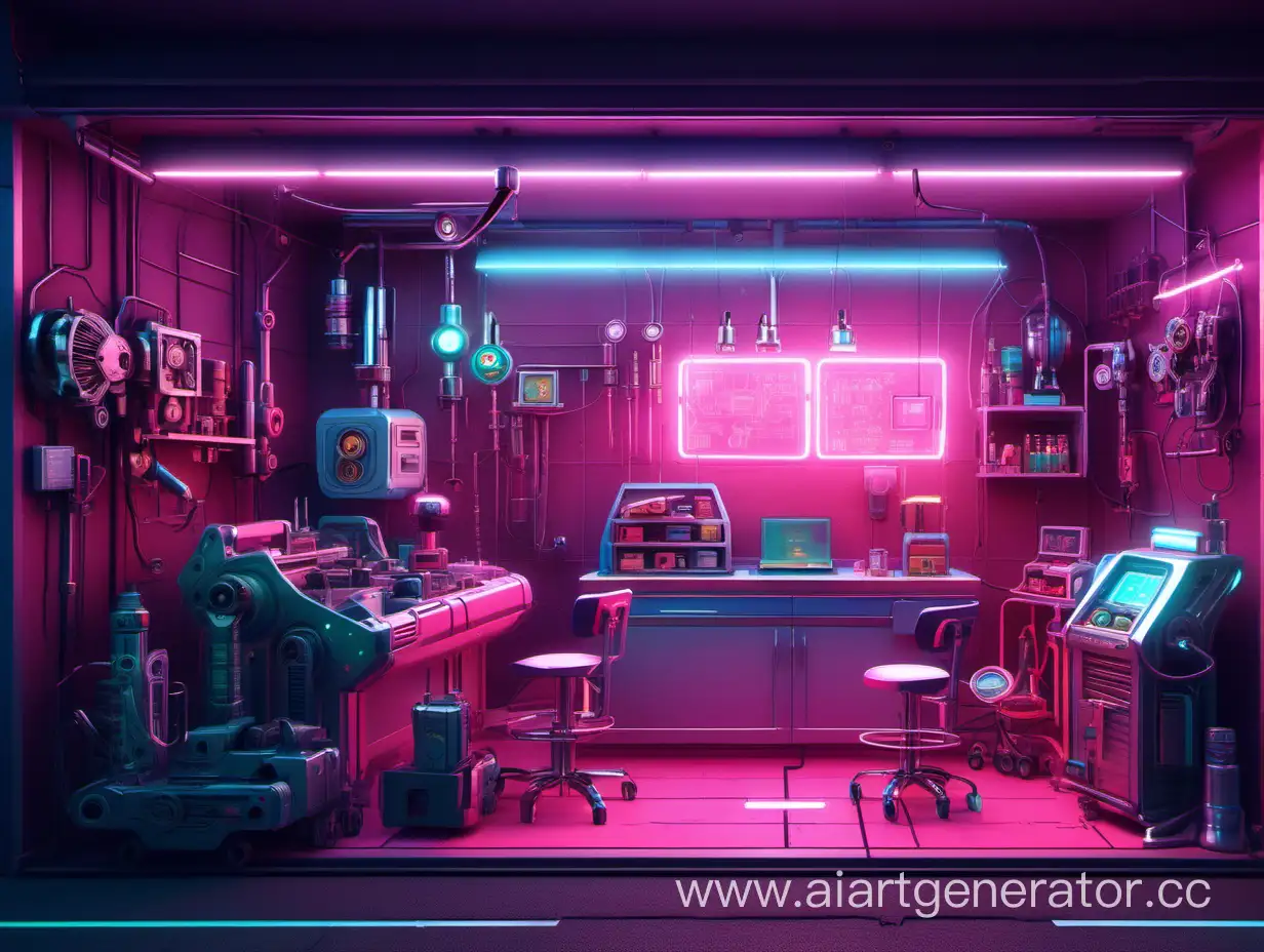 Cyberpunk-Style-Small-Workshop-of-Mechanical-Toys-with-Neon-Accents