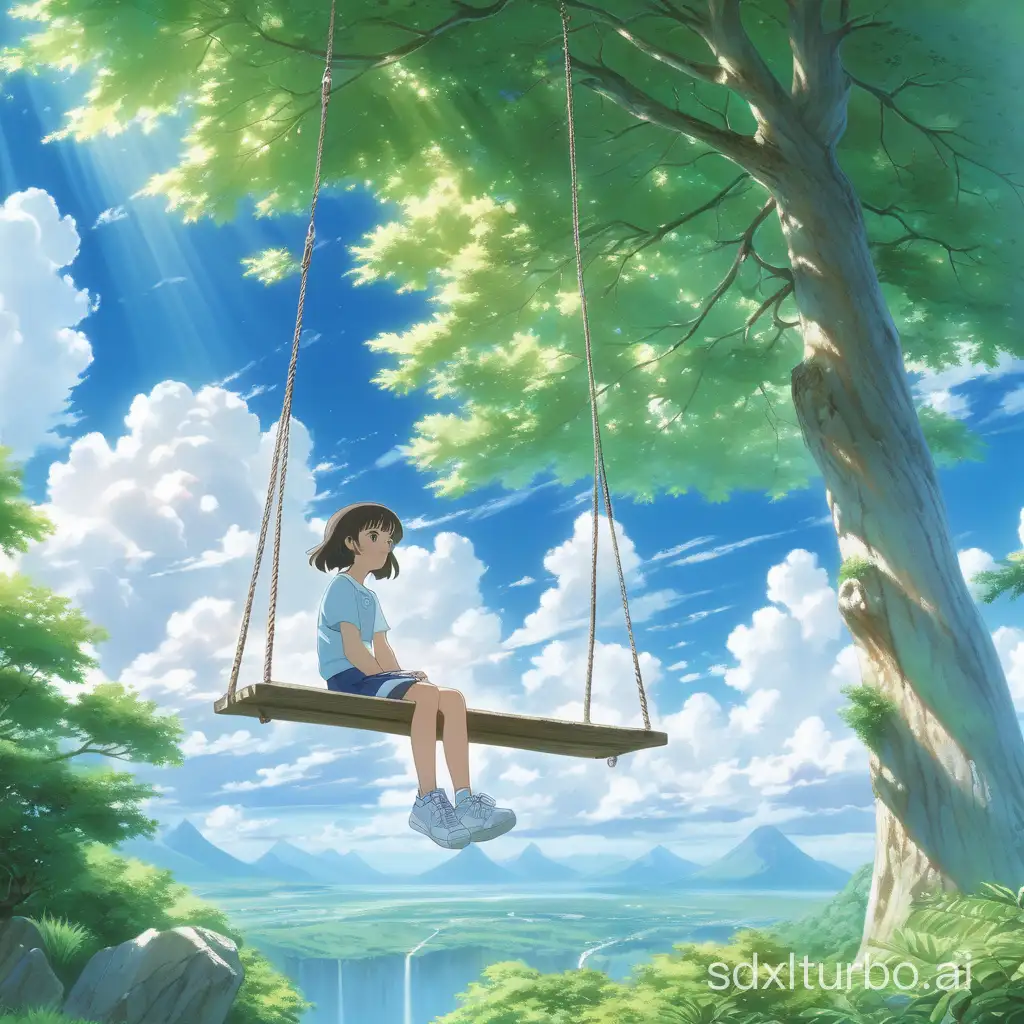 A serene Makoto Shinkai-inspired anime scene, featuring a young girl with sneakers sitting on a wooden swing, suspended from a large tree with lush green leaves. The sky is a clear blue, adorned with fluffy white clouds. The ground beneath her is rocky and uneven, blending harmoniously with the natural setting. Sunlight filters through the leaves, casting a dappled light on the ground, creating a sense of tranquility and harmony with nature.vivid