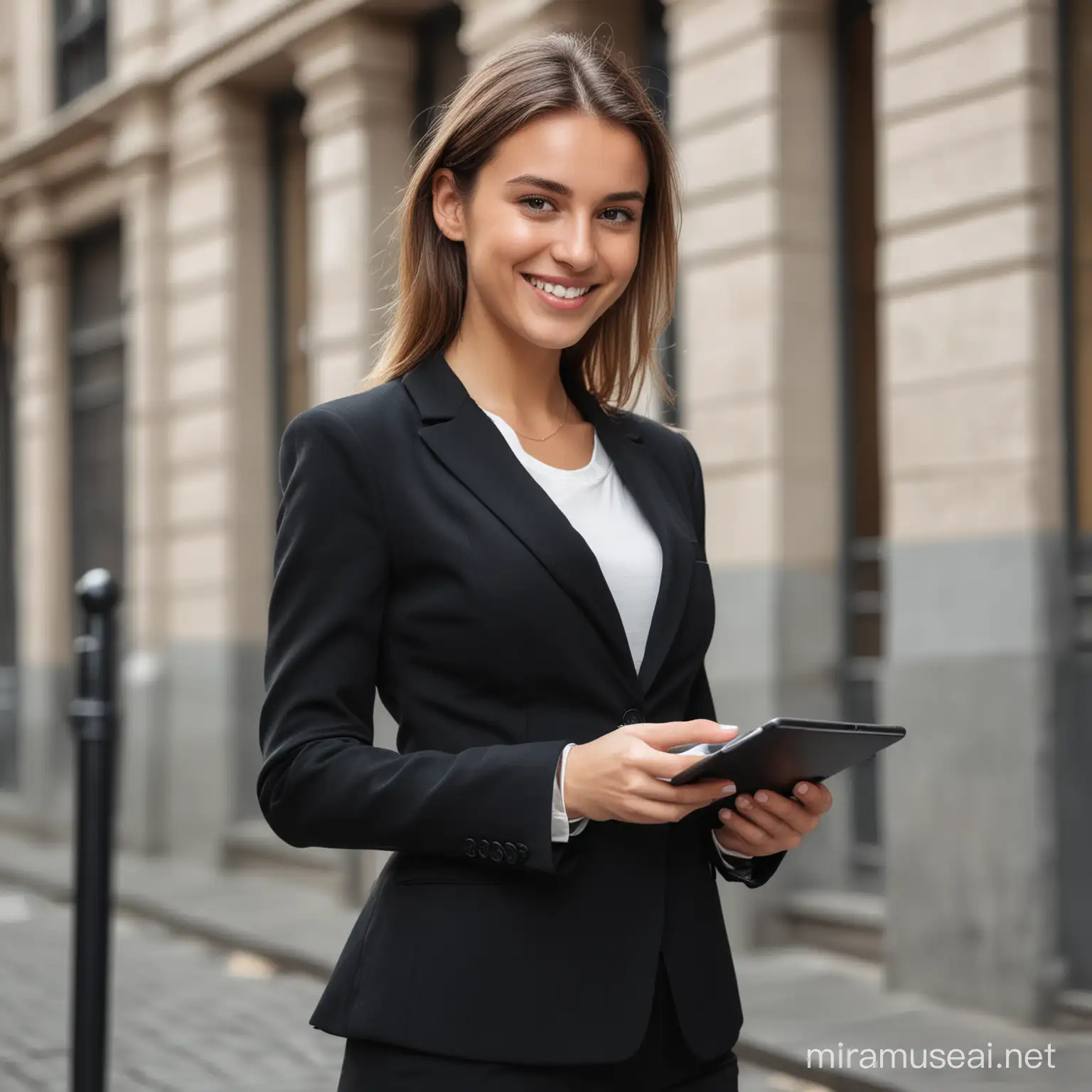 Happy young woman wear black suit uses her tab at the end of working day 
