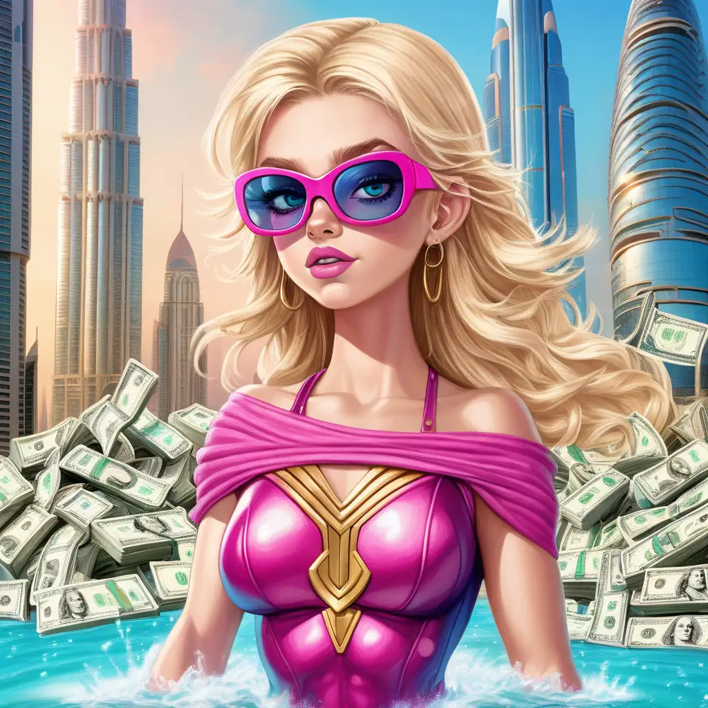 Богиня Фрея в облике супергероя в городе Дубай , мультяшный герой блондинка, большие голубые глаза, молодое милое лицо, в розовых оттенках, купается в деньгах