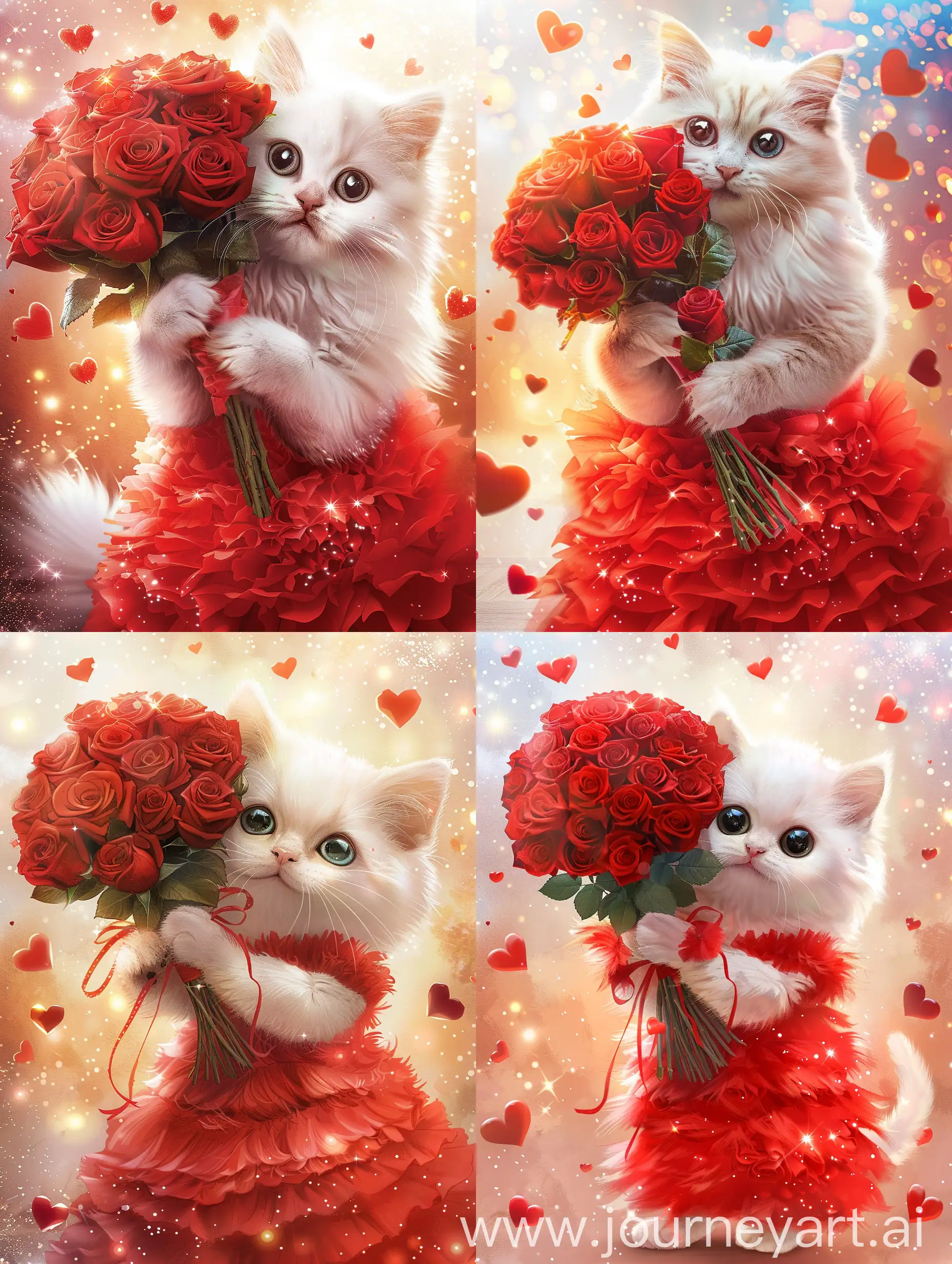 антропоморфная реалистичная улыбающаяся белая кошка с большими глазами одетая в ярко-красное длинное пышное платье, в полный рост, держит в своей левой лапке огромный букет красных роз, на фоне блёсток и летающих сердечек, рисунок акварелью, яркое освещение, высокое разрешение, высокая детализация, 1/505s, ISO 1000, f/16, 32k