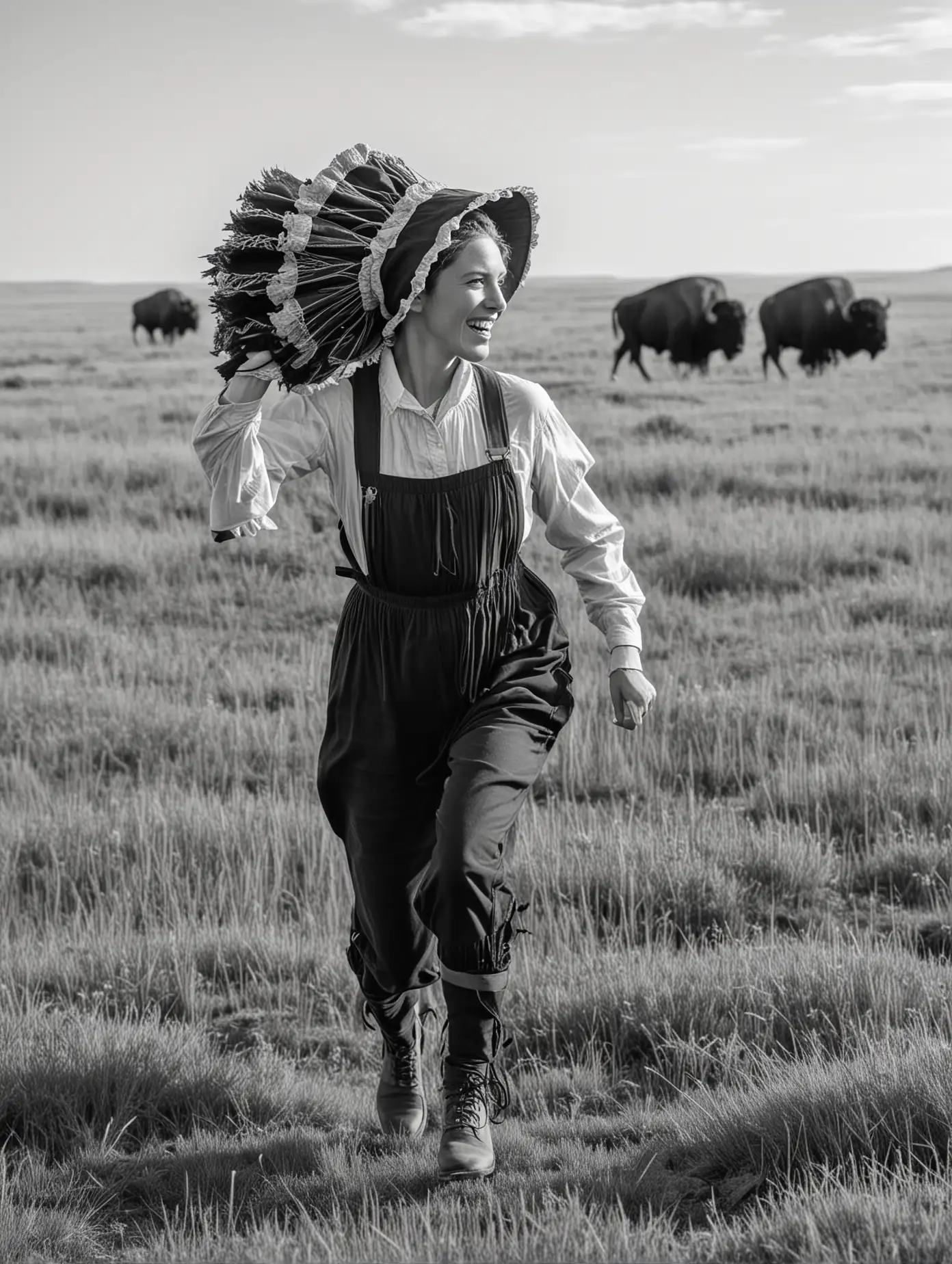 A woman runs through the prairie. She is a pioneer and wears a bonnet. There are buffalo in the background. she is seen from the side. In black and white. 
