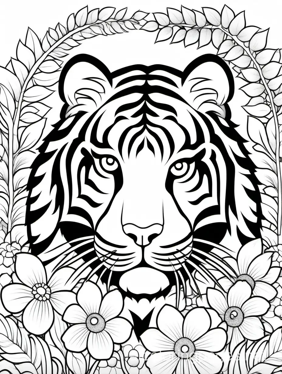 Tiger in flowers for adults for women, Coloring Page, black and white, line art, white background, Simplicity, Ample White Space. The background of the coloring page is plain white to make it easy for young children to color within the lines. The outlines of all the subjects are easy to distinguish, making it simple for kids to color without too much difficulty