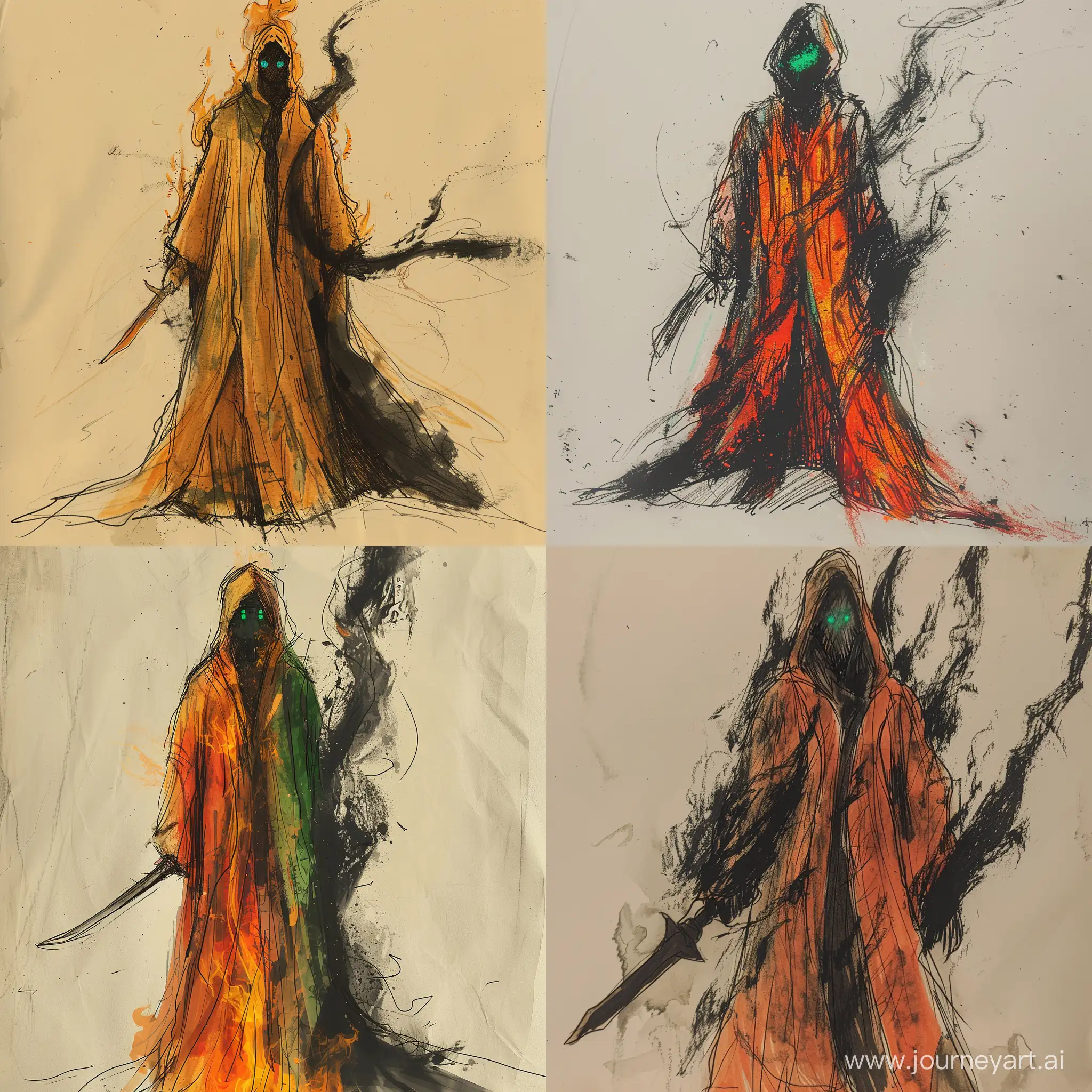 sketch of a figure, a burning robe, two colors penetrating each other, a face hidden under a hood, eyes in the shape of emeralds, black mist flowing from under the clothes, a machete a product of magic, the blade was waving