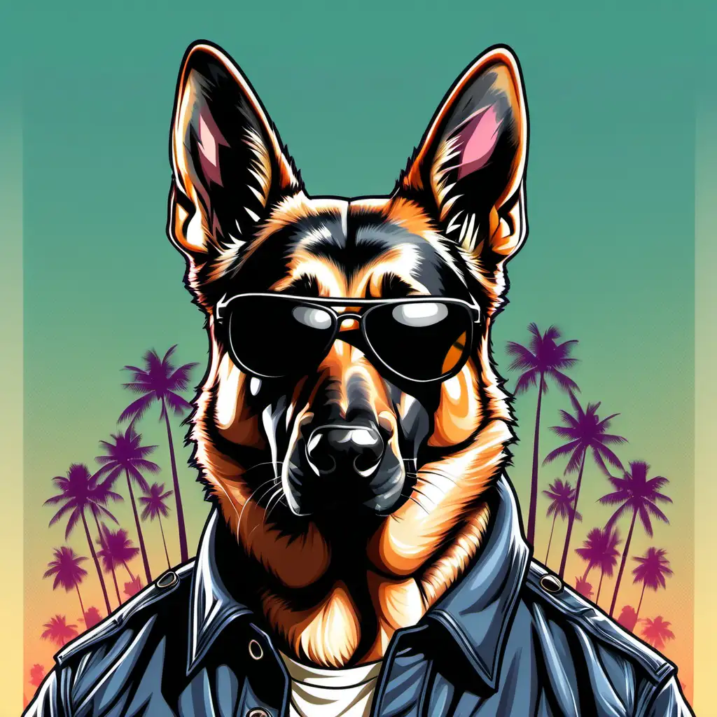 Cool German Shepherd Portrait with Sunglasses in Grand Theft Auto Art Style