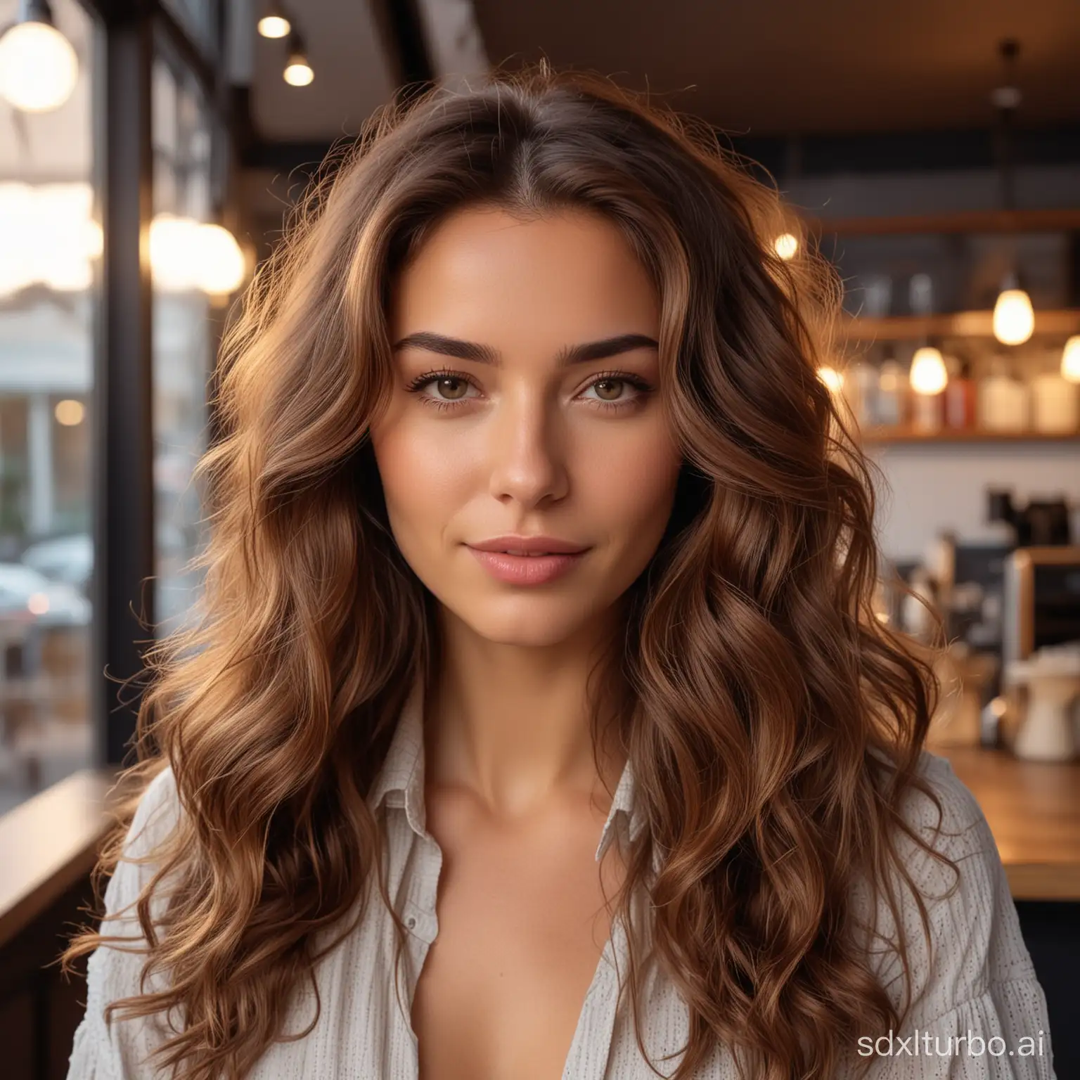 Front view portrait of Gorgeous woman, wavy brown hair, masterpiece, coffee shop, dusk hour, high quality 8k