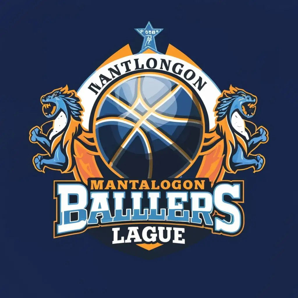 logo, 3D basketball design with blue design, with the text "mantalongon ballers league", typography