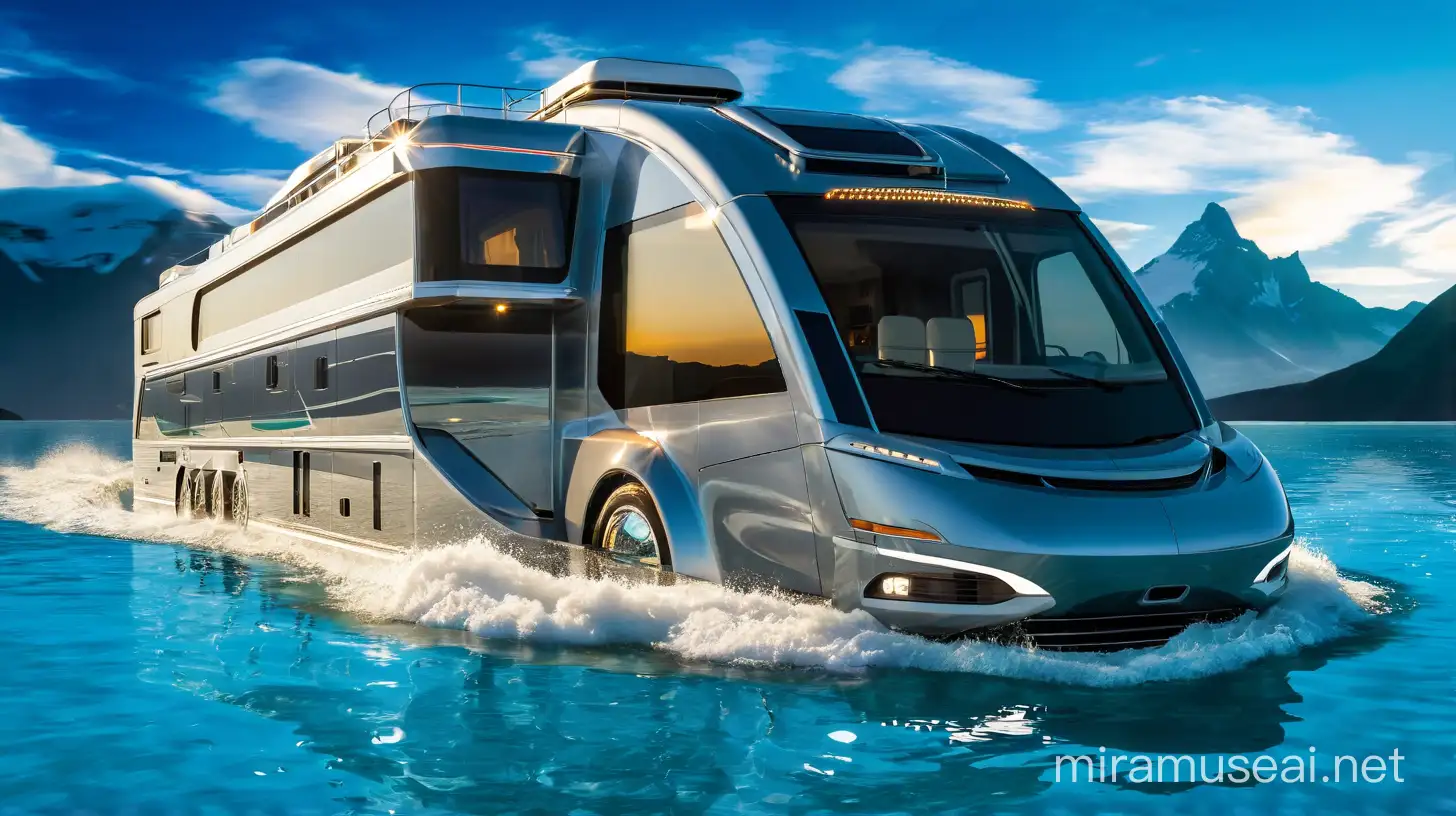 Futuristic motorhome two story driving on water with no markings on it. The sun was setting as the motorhome glided across the serene, glassy surface of the ocean. It moved effortlessly, leaving behind a small trail of bubbles in its wake.