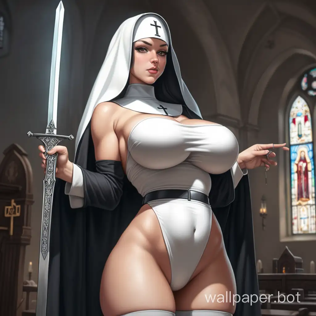 Girl, nun, big chest, 20-30 years, big butt, with sword
