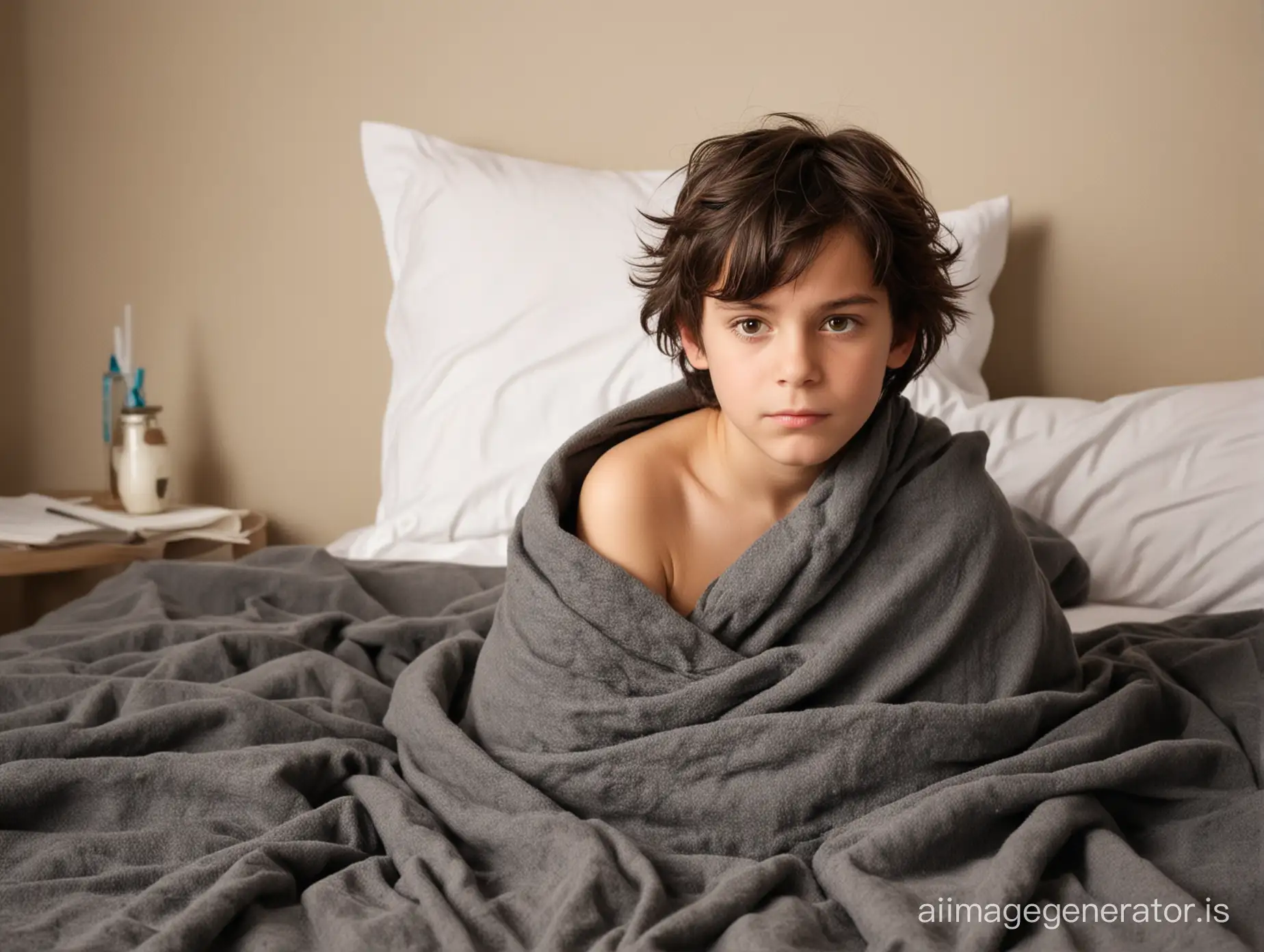 room, bed, there lies a 7-year-old boy with short, tousled dark hair, he's wrapped in a blanket, sick, with a thermometer under his armpit.