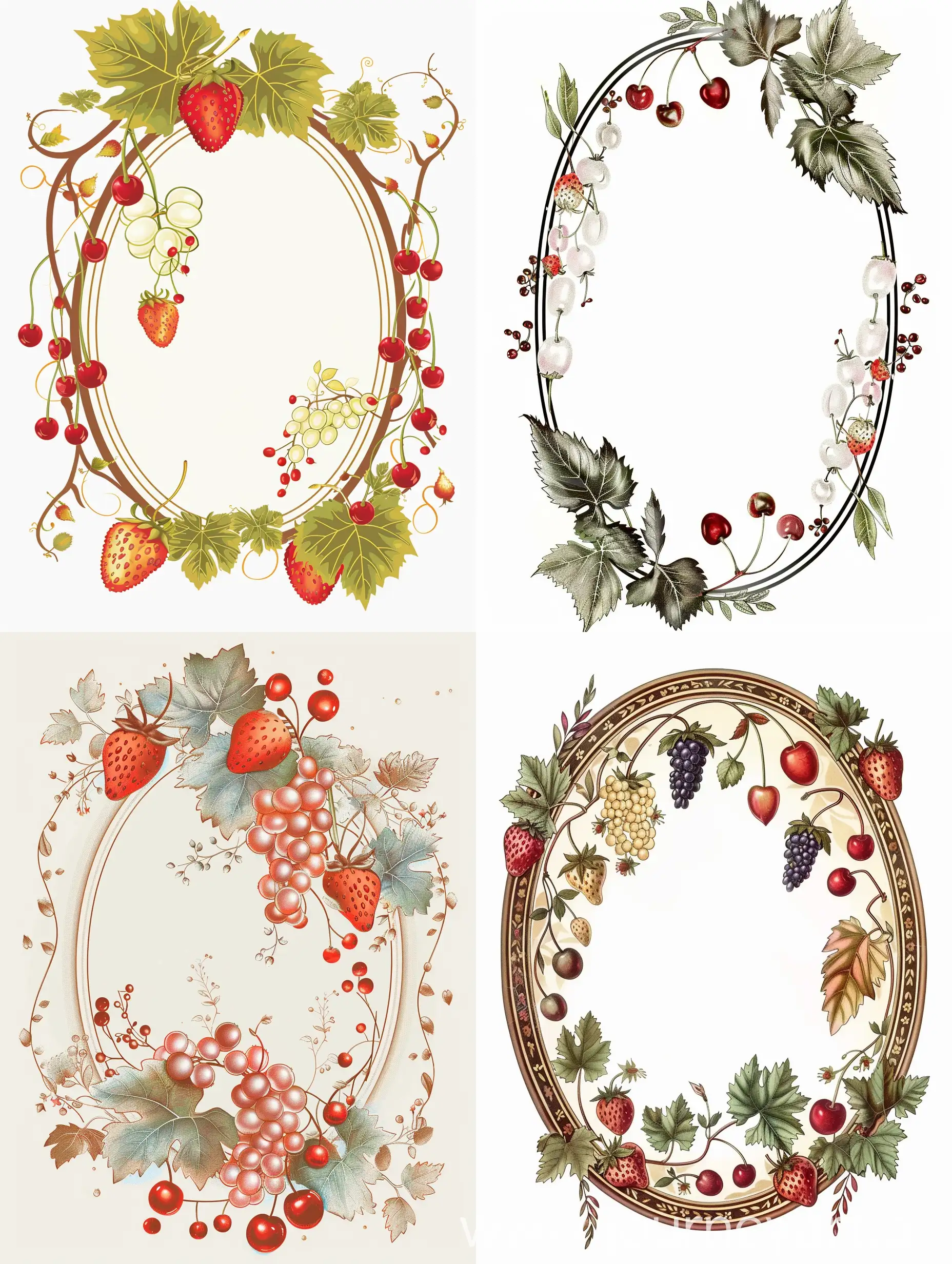 Vintage-Victorian-Oval-Ornament-with-Grape-Leaves-and-Berries-on-White-Background