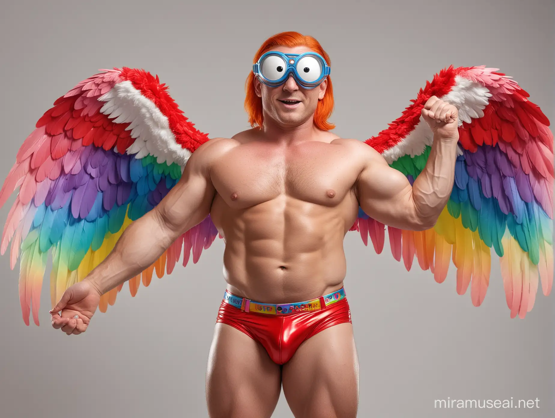 Studio Light Topless 30s Ultra Chunky Red Head Bodybuilder Daddy Wearing Multi-Highlighter Bright Rainbow Colored See Through huge Eagle Wings Shoulder Jacket short shorts and Flexing his Big Strong Arm Up with Doraemon Goggles on forehead