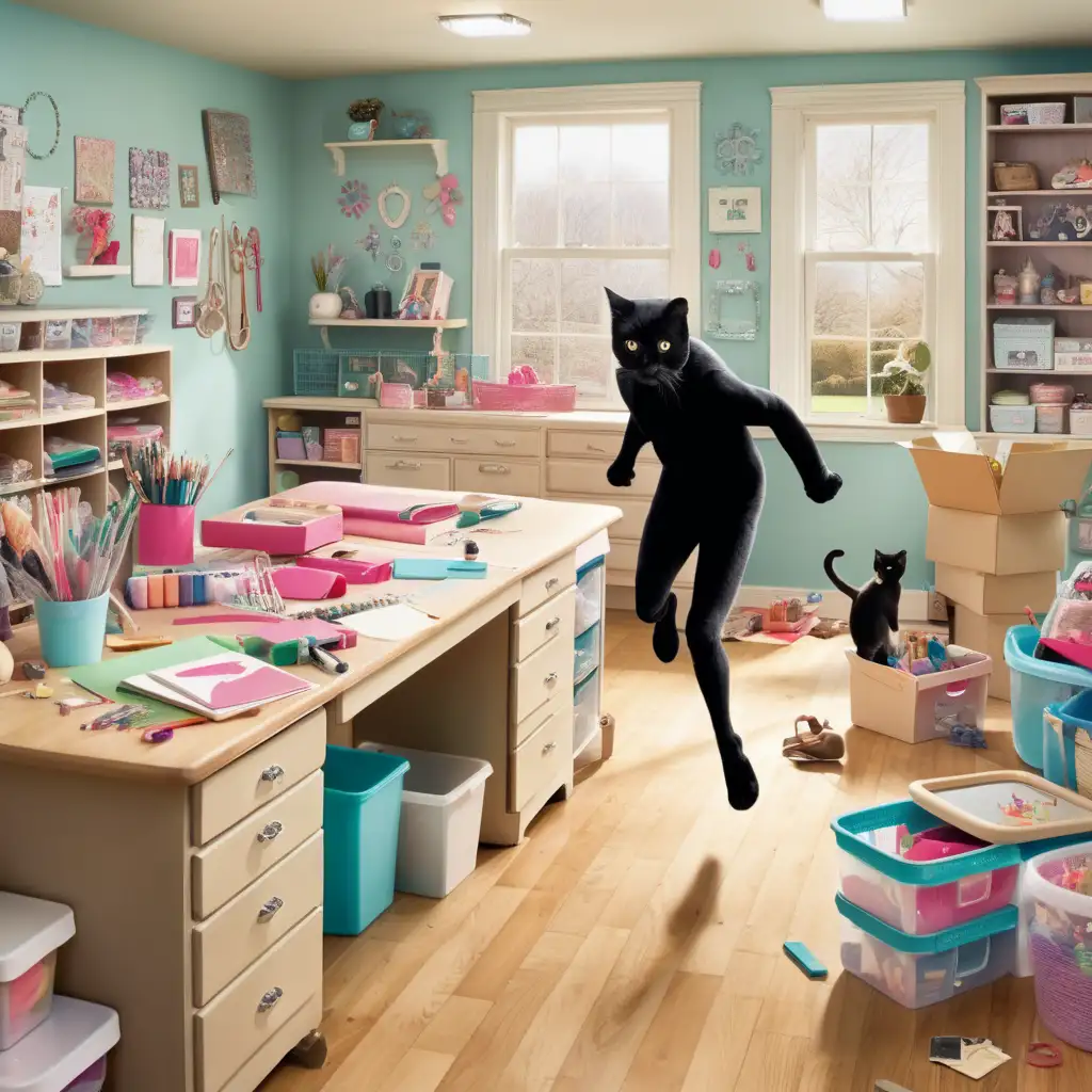 ladies visiting in a craft room, man runs away & hides like a cat