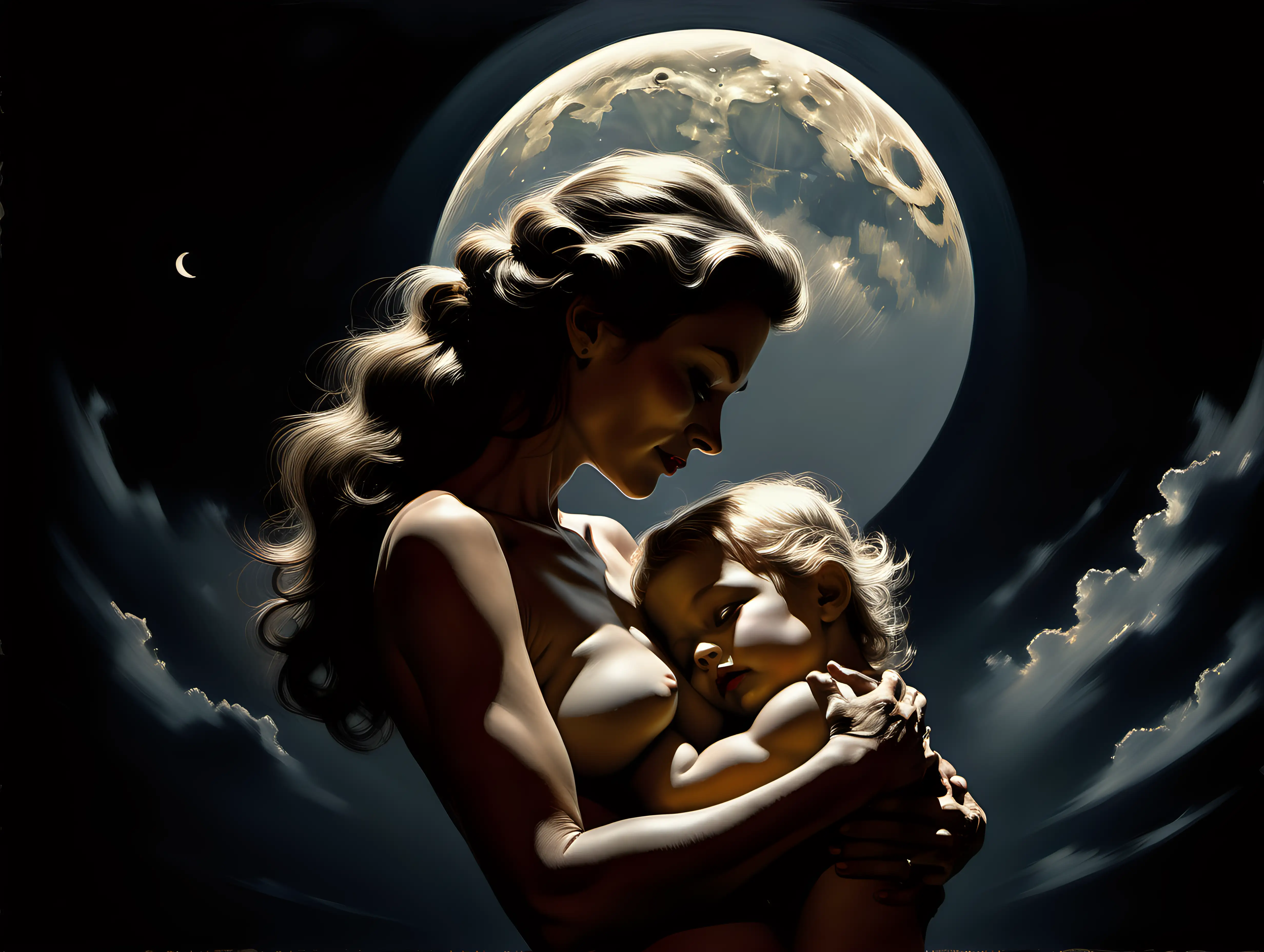 Mother and child holding each other with moon coming in behind them in style of photorealism by frank frazetta, photograph, high detail, elegant, close up and dark background