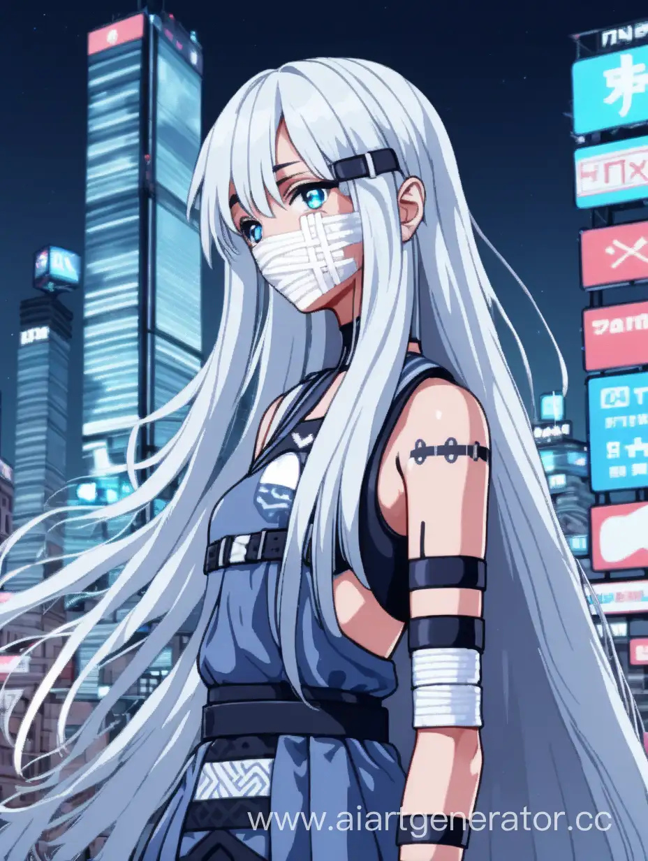 пиксель-арт красивая аниме девушка-андроид с длинными белыми волосами; На лице у девушки пластырь; На фоне город; Используй глитч эффект и эффекты размытия