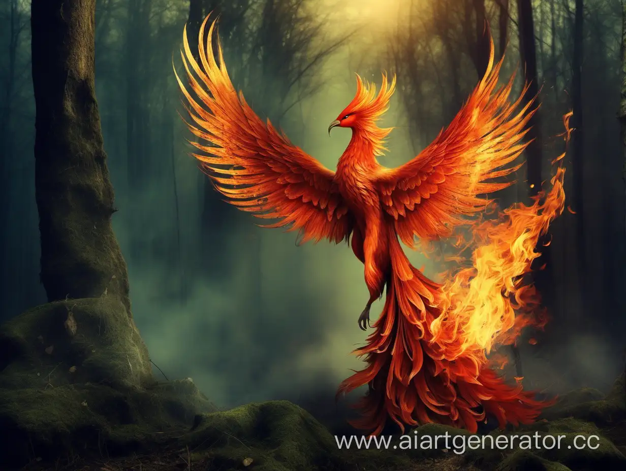 Majestic-Firebird-Soars-Through-Enchanted-Forest-with-Whimsical-Fairytale-Creatures