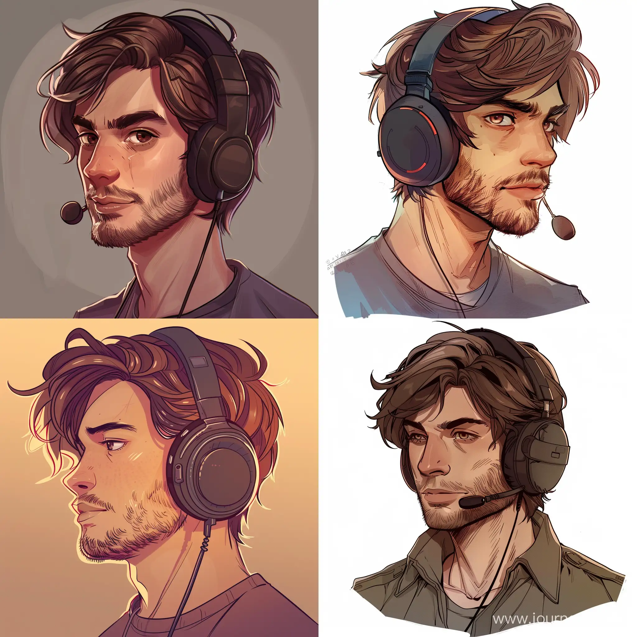 Young-Brunette-Man-in-Headphones-with-Microphone-SemiRealistic-Portrait