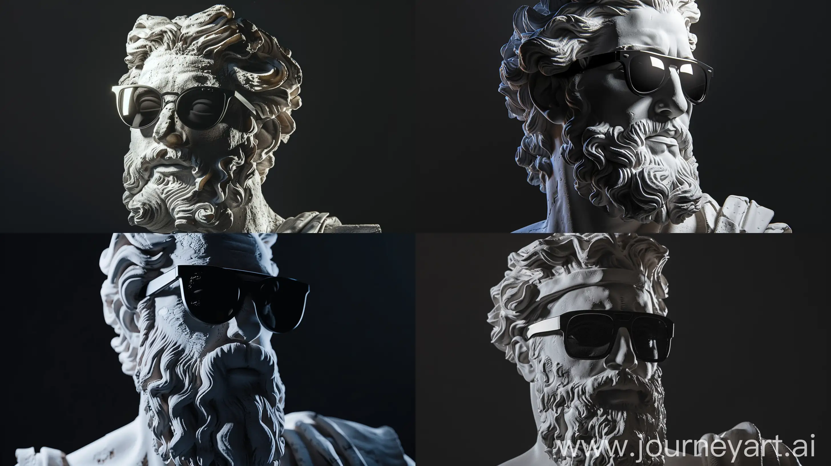 A Plaster Sculpture of Zeus, Modern Black Sunglasses, White Light Reflections on Sculpture, Black Dark Background, Catalog Pose, Medium Shot, High Precision --v 6.0 --ar 16:9