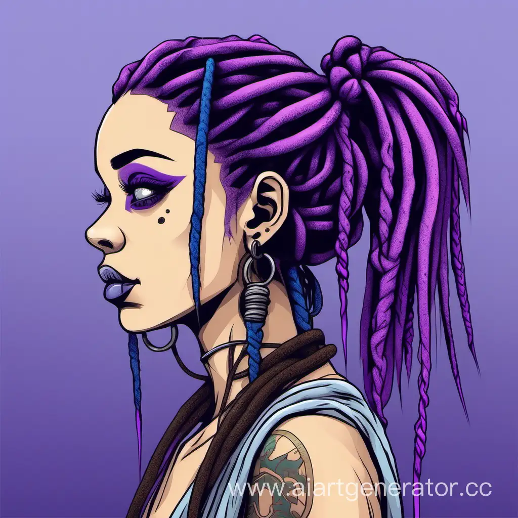 Cartoon-Girl-with-Blue-Dreadlocks-in-Profile-on-Misty-Purple-Background