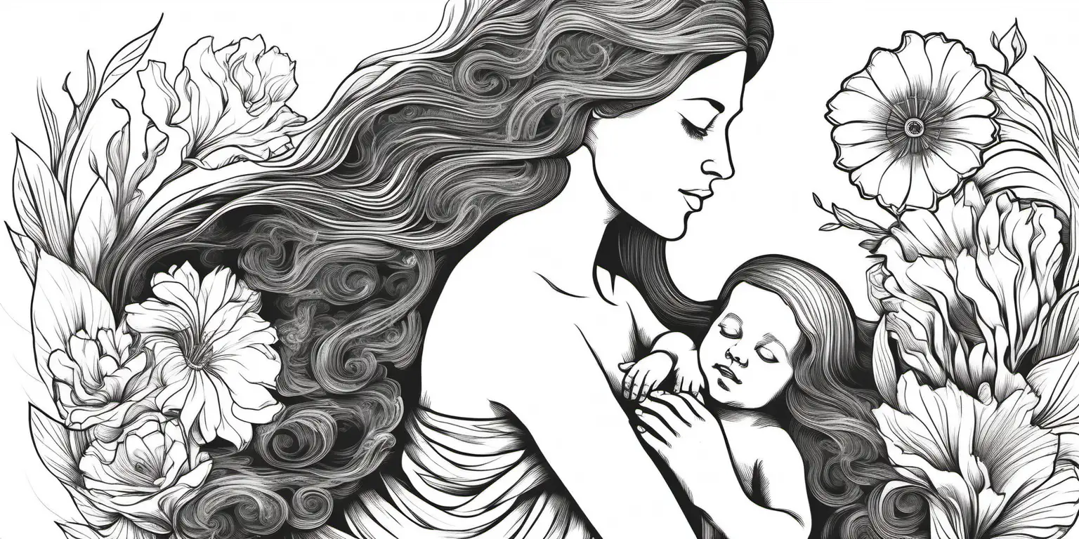 a beautiful line drawing of a mother and flowersr black and white


